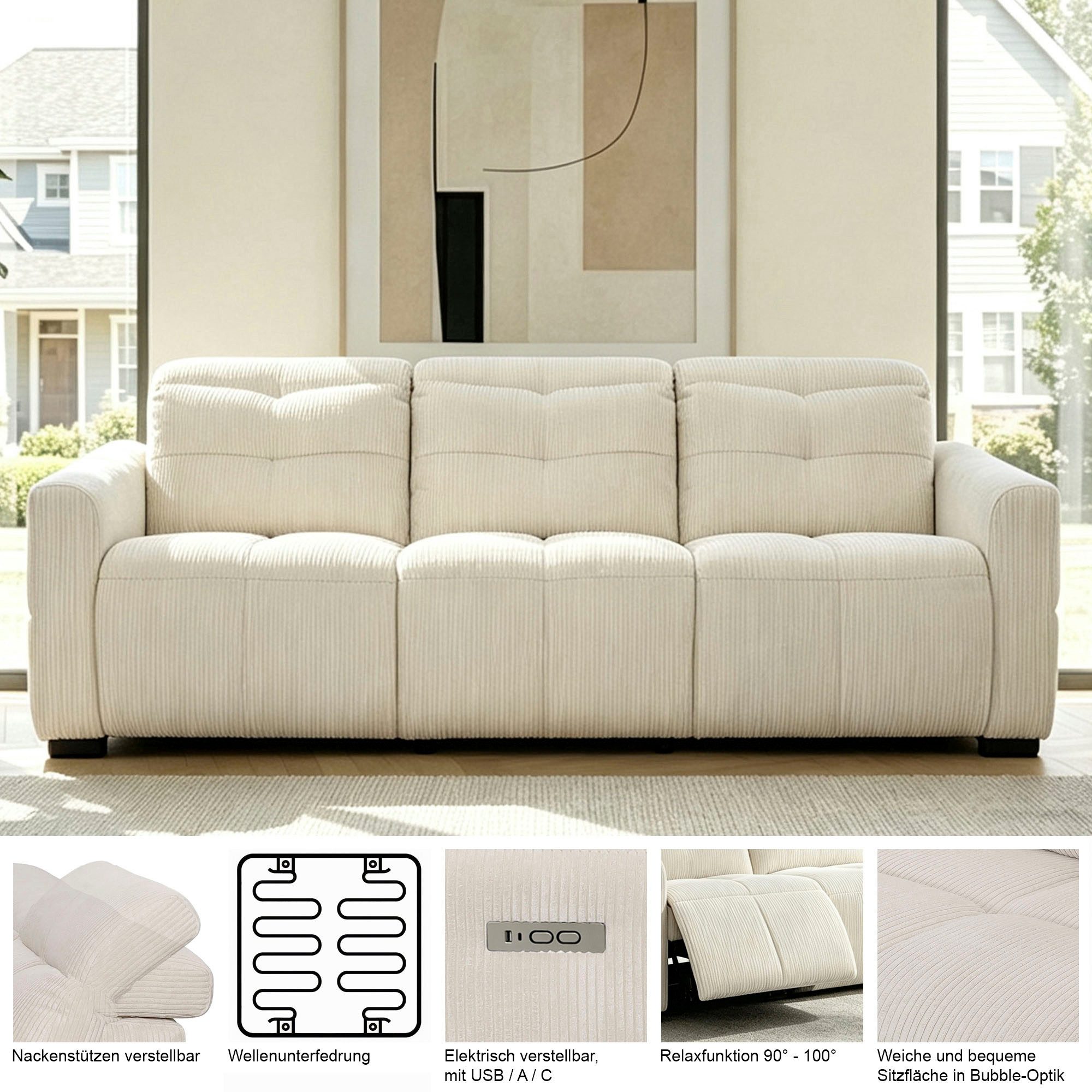 OTTO home 3-Sitzer CAARLA Cord, Sofa, 224 cm, man. oder elektr. Relaxfunktion (USB-A/C), mit USB-A und USB-C bei elektrischer Ausführung, Kopfteilverstellung – Bild 3 von 5
