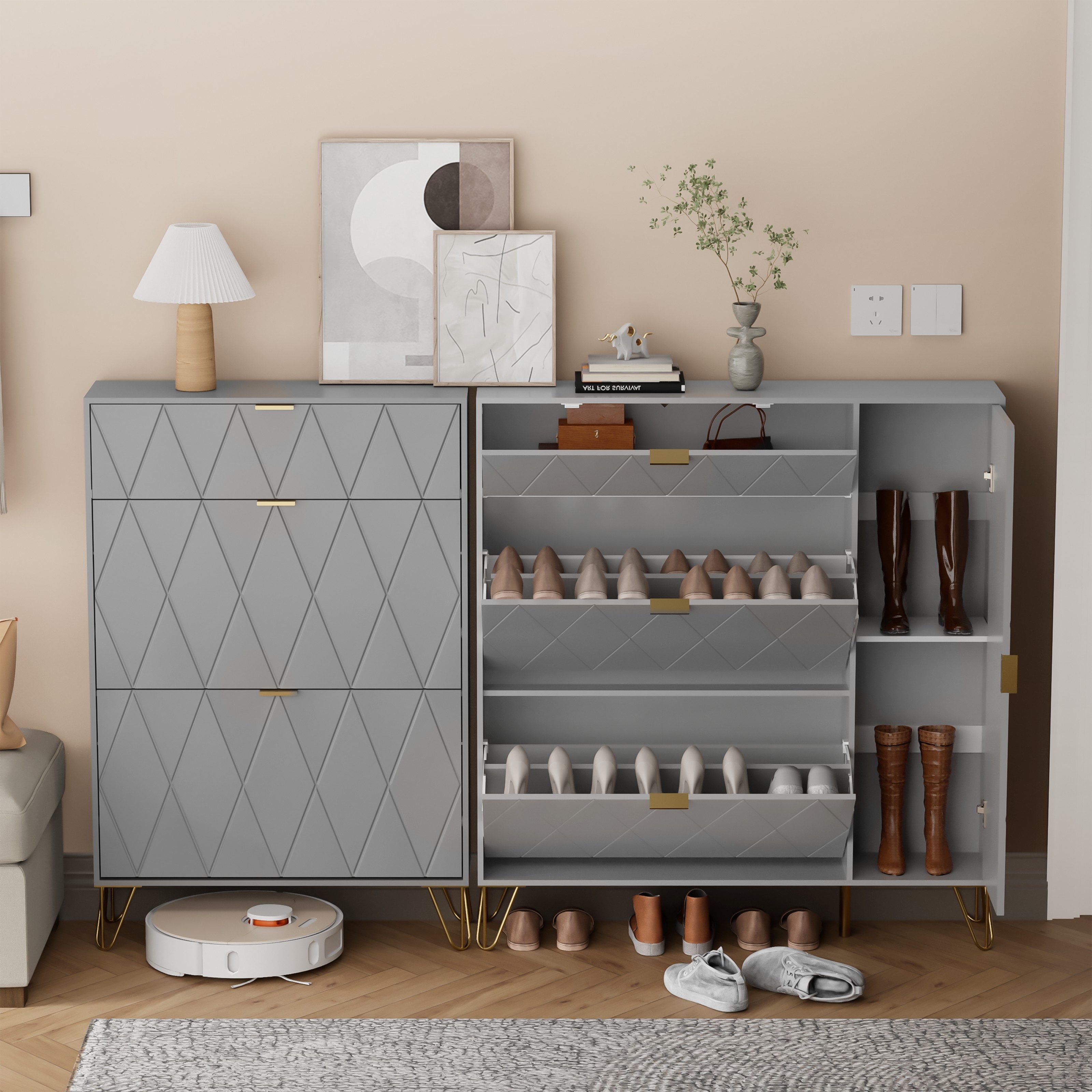 UEV Schuhschrank mit 4 Klappen schmal Schuhkipper Schuhregal (105x24x120cm) verstellbare und herausnehmbare Trennwände für verschiedene Schuhtypen – Bild 4 von 5