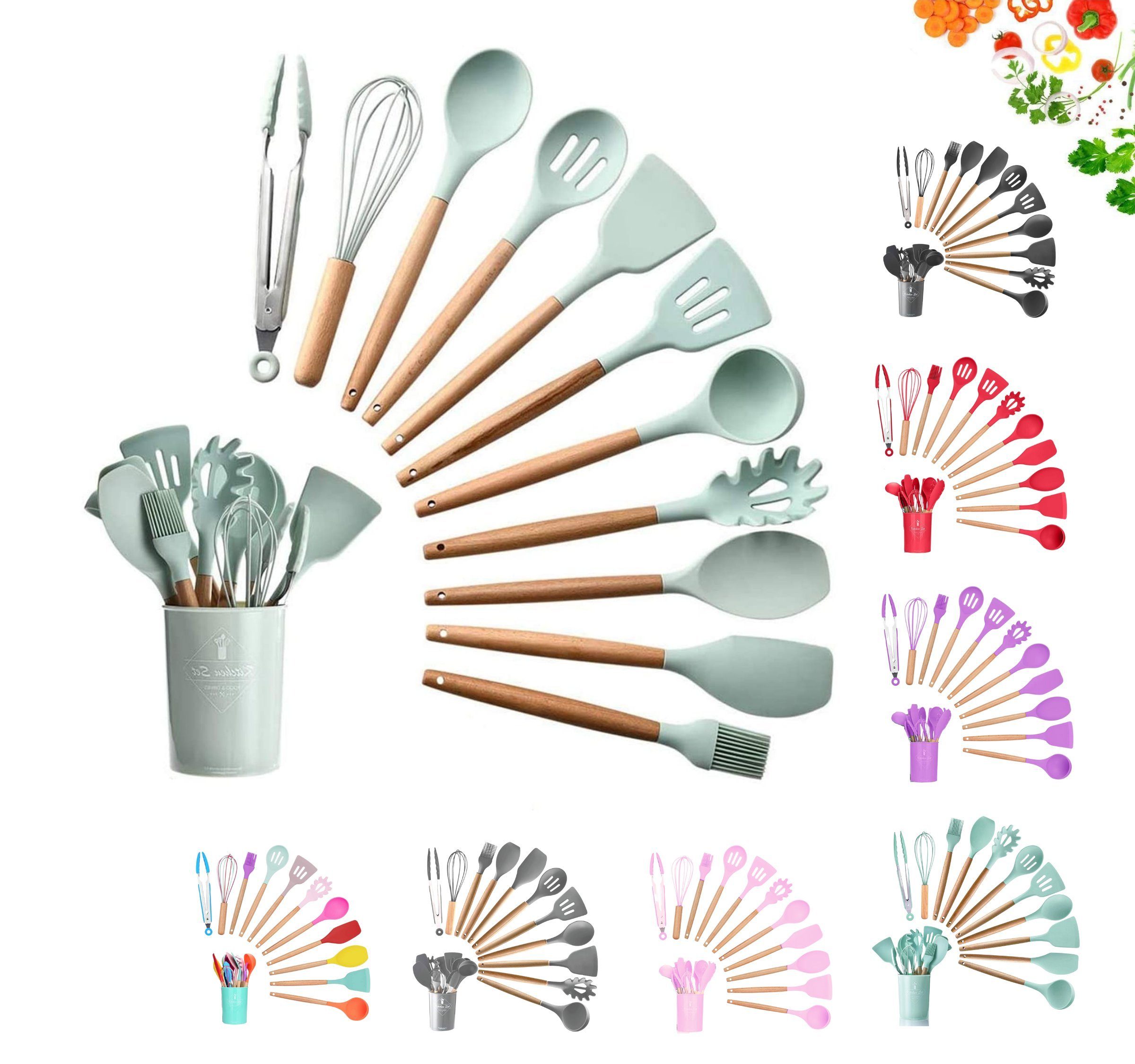 Faizee Möbel Kochbesteck-Set Küchenhelfer Set 12tlg Silikon Kochbesteck Holzgriff Küchenutensilien (12-tlg)