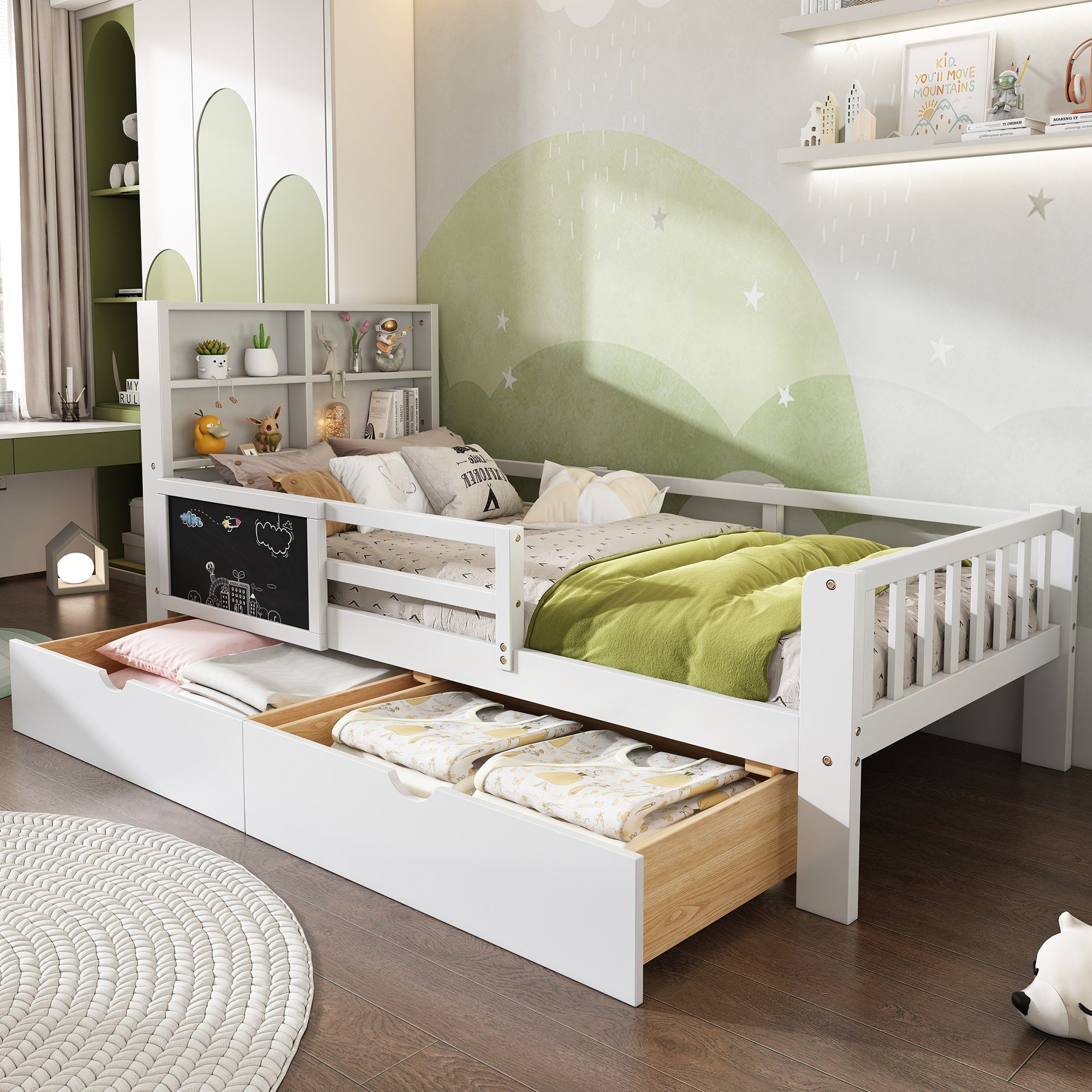 Flieks Kinderbett, Kiefer Massivholzbett mit 2 Schubladen und Tafel 90x200cm