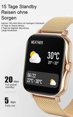 TPFNet SW03 mit Milanaise Armband + Silikon Armband Smartwatch (Android), individuelles Display - Armbanduhr mit Musiksteuerung, Herzfrequenz, Schrittzähler, Kalorien, Social Media etc., Gold