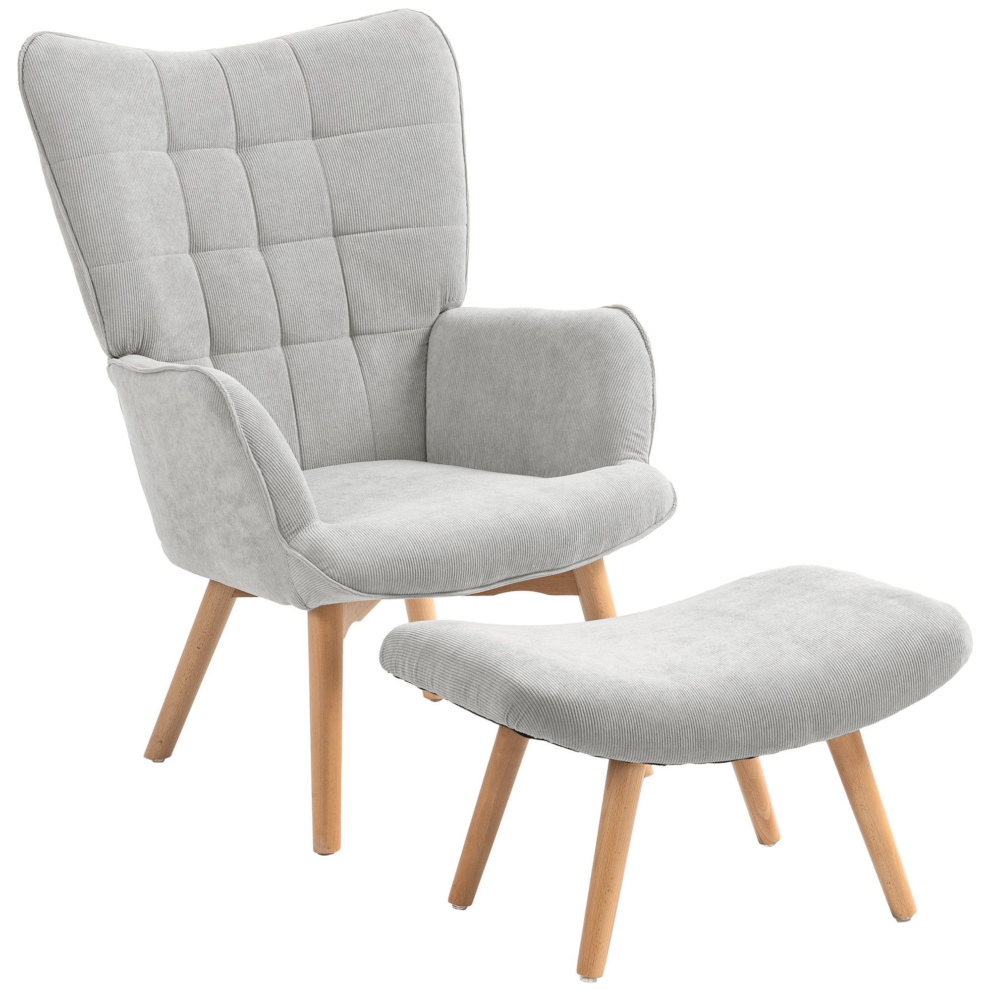 OKWISH Loungesessel Relaxsessel Freizeitstuhl Ohrensessel (Ohrensessel mit Hocker in Cord-Optik – Relaxsessel mit Holzbeinen & Ottomane, gemütlich gepolstert für Wohnzimmer & Leseecke., Sessel: 72L x 80B x 101H cm. Ottomane: 65L x 43B x 38H cm), mit Relaxfunktion
