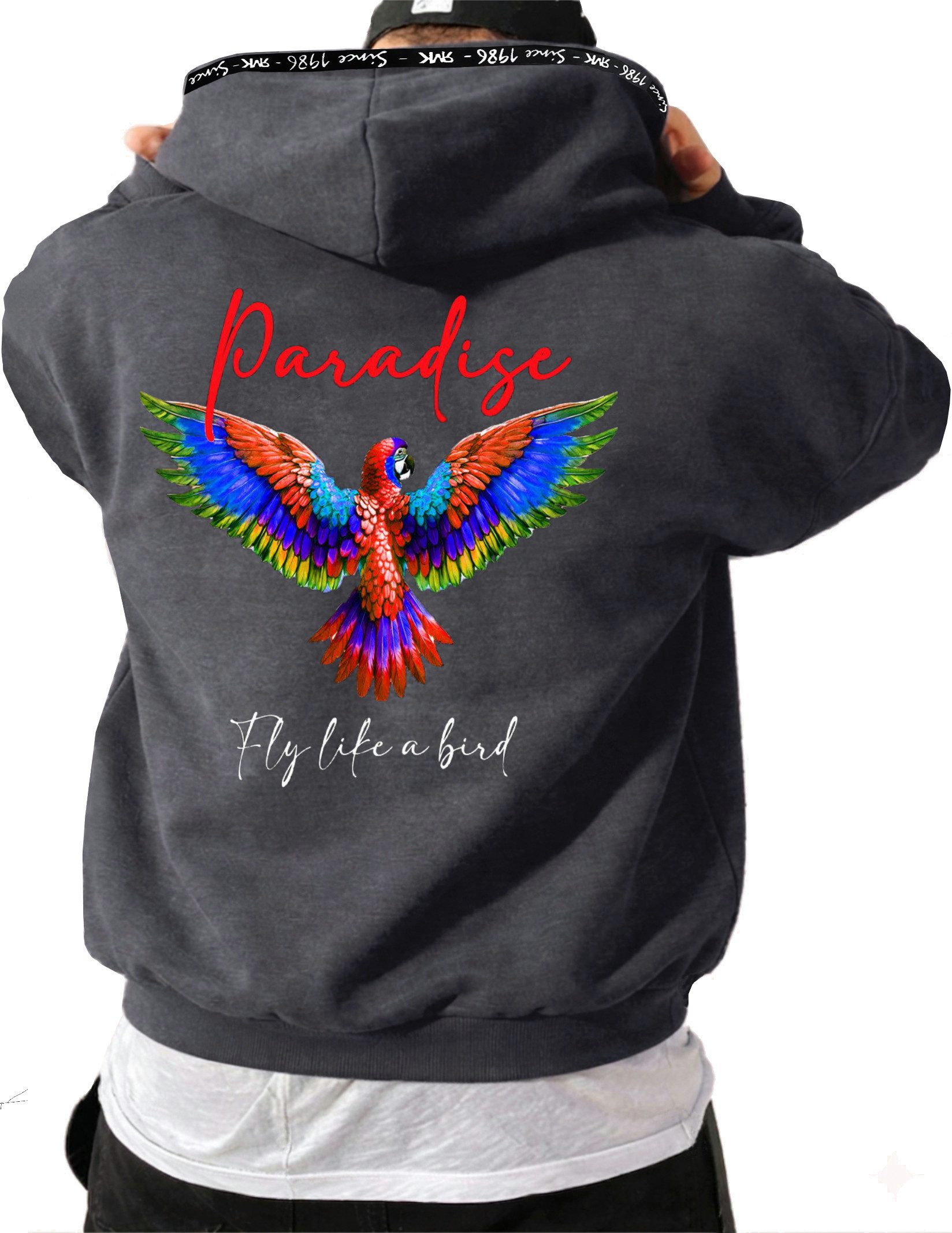 RMK Hoodie Herren Kapuzenpullover Pullover Pulli Paradise Mit Papagei Print