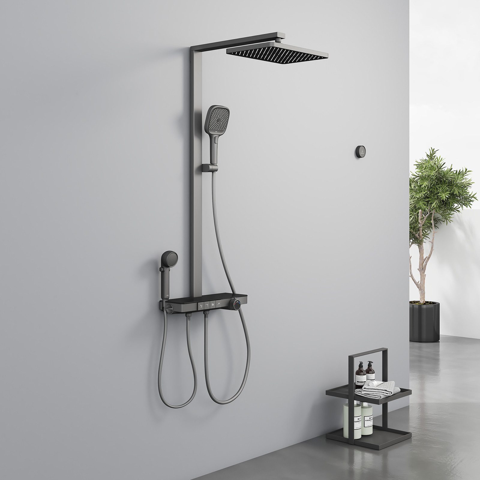 EMKE Duschsystem Duschsäule mit Thermostat und Bluetooth-Steuerung, modernes Design, Höhe 113 cm, 4 Strahlart(en), Regendusche,Kinderdusche,Bluetooth,Anthrazit Matt