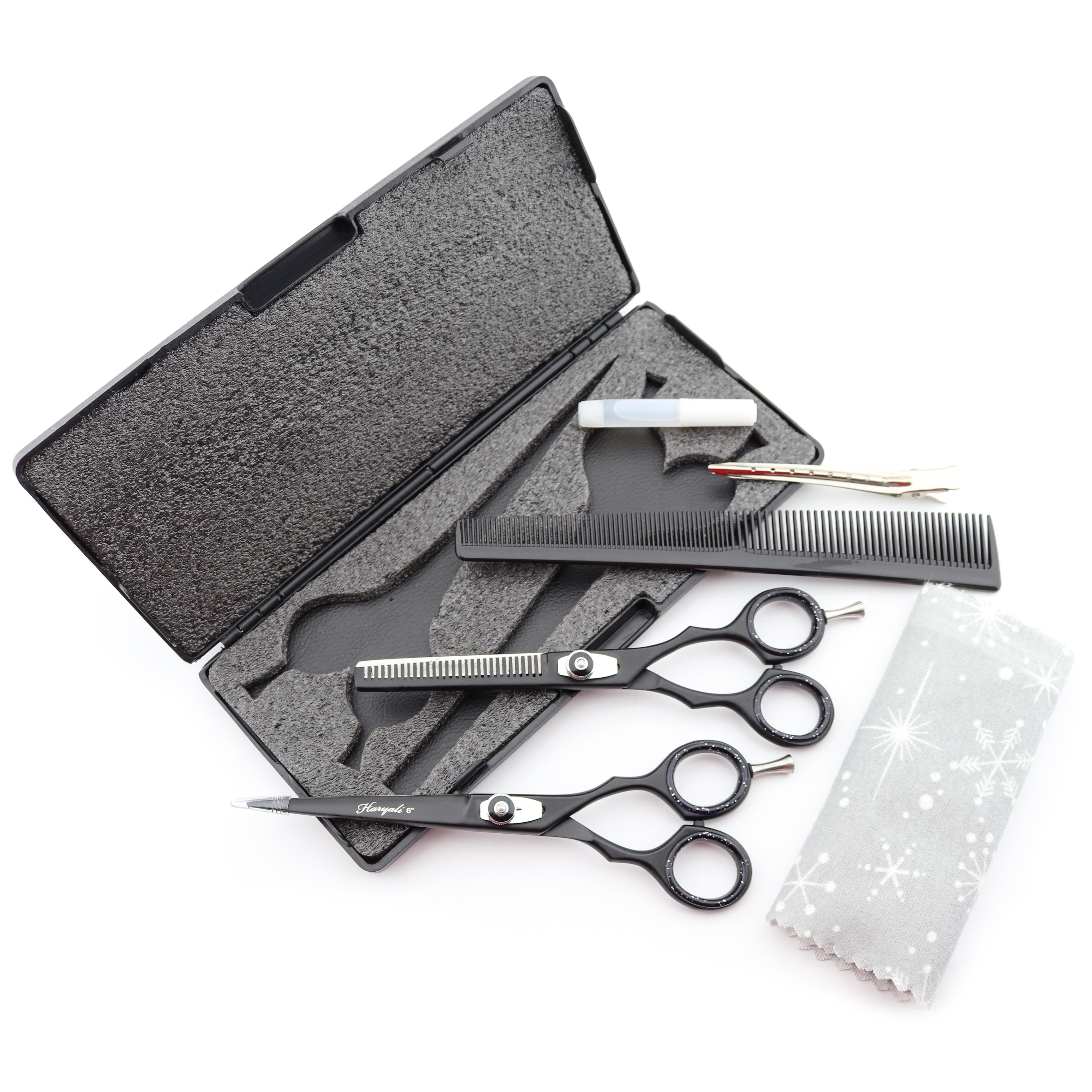 Haryali London Haarschere Friseurscheren-Set schwarz Effilierschere, Schneideschere+Kamm+Etui 6", (1 Packung Paar, 2-tlg., Schneideschere, Effilierschere, Kamm inkl. Schutzhülle Reinigungstuch), Bestens geeignet für professionelle Friseur- und Kosmetikschulen