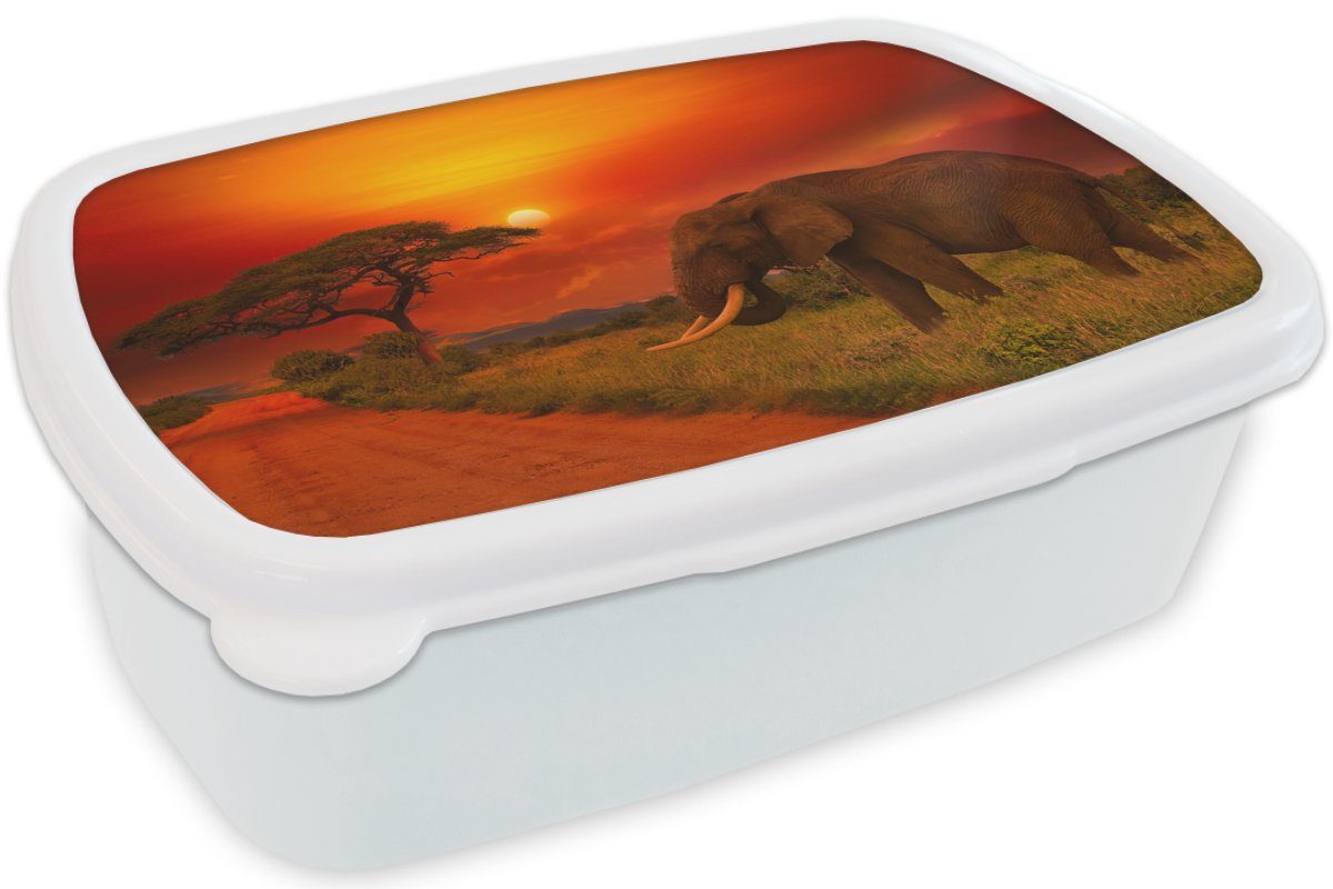 MuchoWow Lunchbox Elefant - Sonnenuntergang für Brotbox Kinder und Erwachsene, Tiere, für (2-tlg), Kunststoff, Mädchen - Savanne - Orange weiß Jungs und Brotdose, 