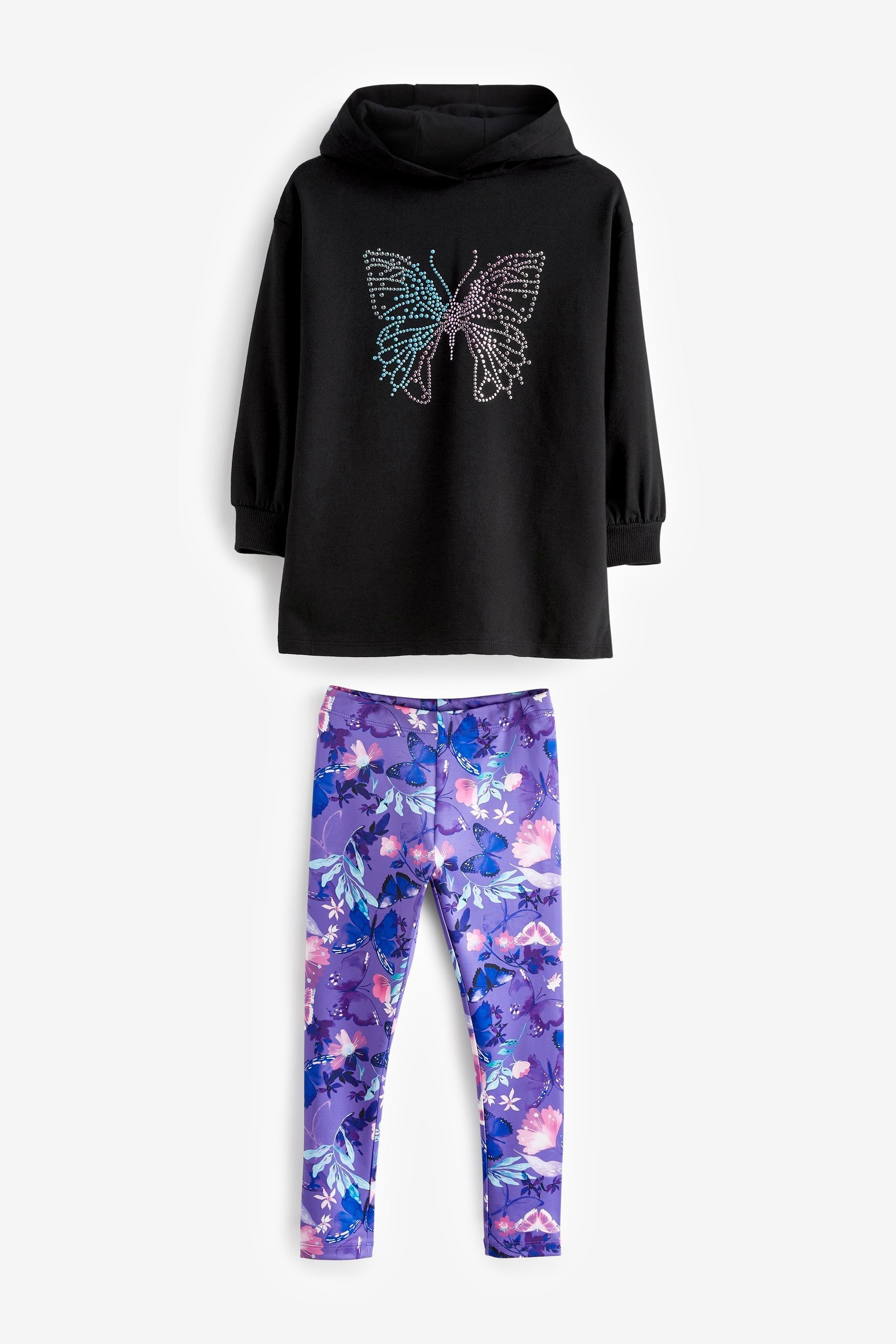 Leggings Schmetterling im (2-tlg) Hoodie & und Next Leggings Black/Purple Set Shirt