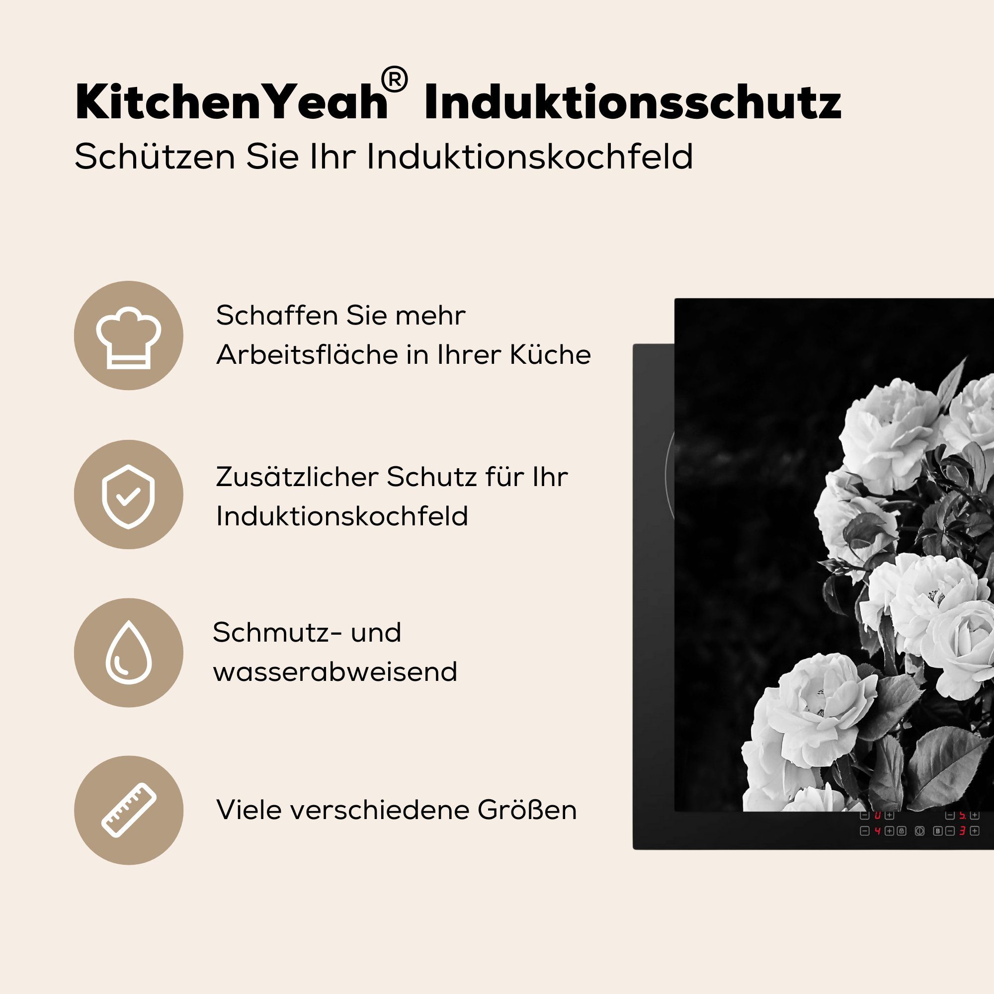 Vinyl, Herdblende-/Abdeckplatte und - 60x52 Mobile MuchoWow Schwarz nutzbar, Pflanzen - Blumen (1 Ceranfeldabdeckung - - Weiß Natur cm, Rosen, tlg), Arbeitsfläche