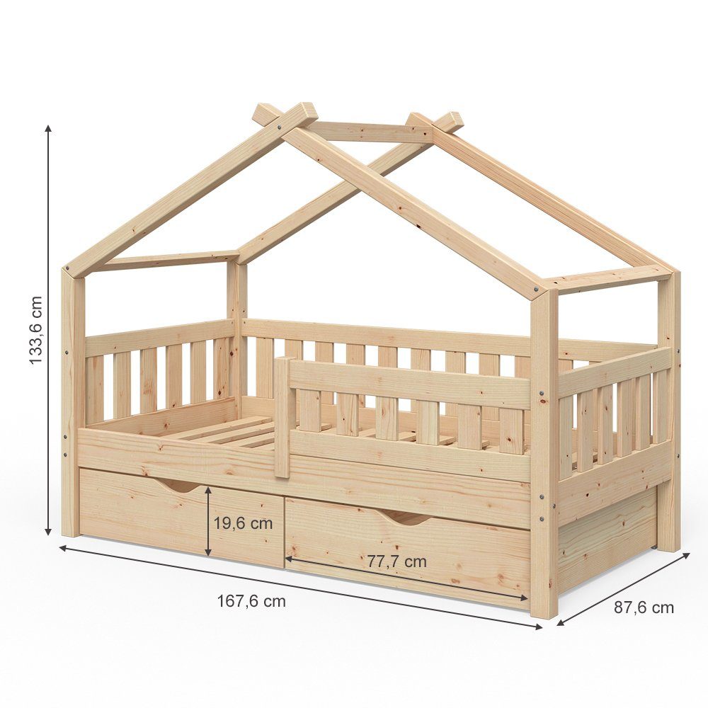 VitaliSpa® Hausbett Design, Naturholz, 80x160 cm mit 2 Schubladen (2-tlg)