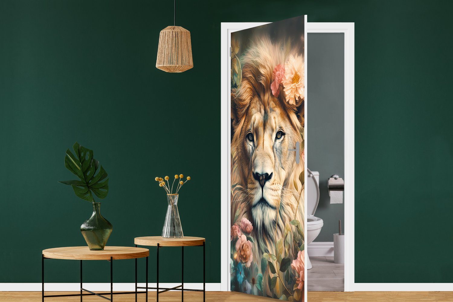 - - Tür, 75x205 (1 Blumen, St), Matt, Türaufkleber, Löwenkopf MuchoWow Türtapete Fototapete cm bedruckt, für Löwe Wilde - Tiere