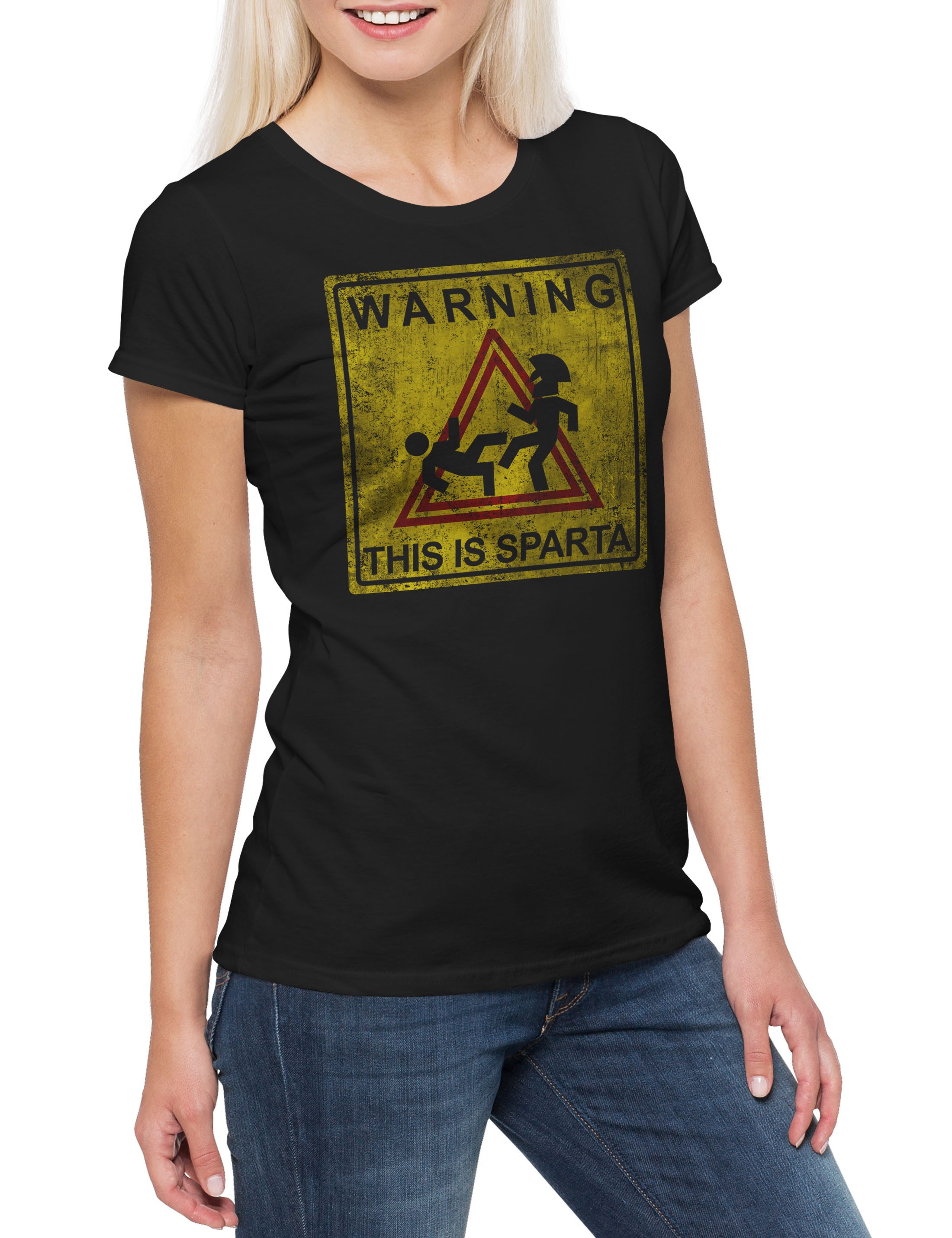 Print-Shirt Warning This Is Sparta Sign Damen T-Shirt Das ist Spartaner Spartiaten