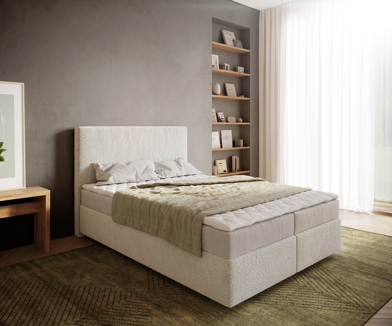 DELIFE Boxspringbett Dream-Well, Bouclé Creme-Weiß 140x200 cm mit Matratze und Topper