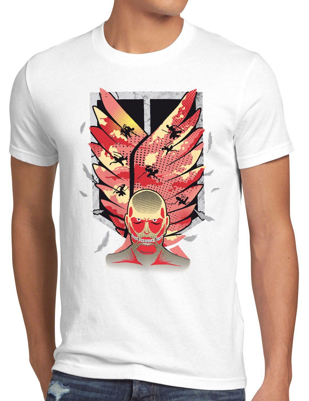 style3 Print-Shirt Herren T-Shirt Attack Wings Aufklärungstruppe AoT Titan Wappen Eren Riesen Jäger weiß