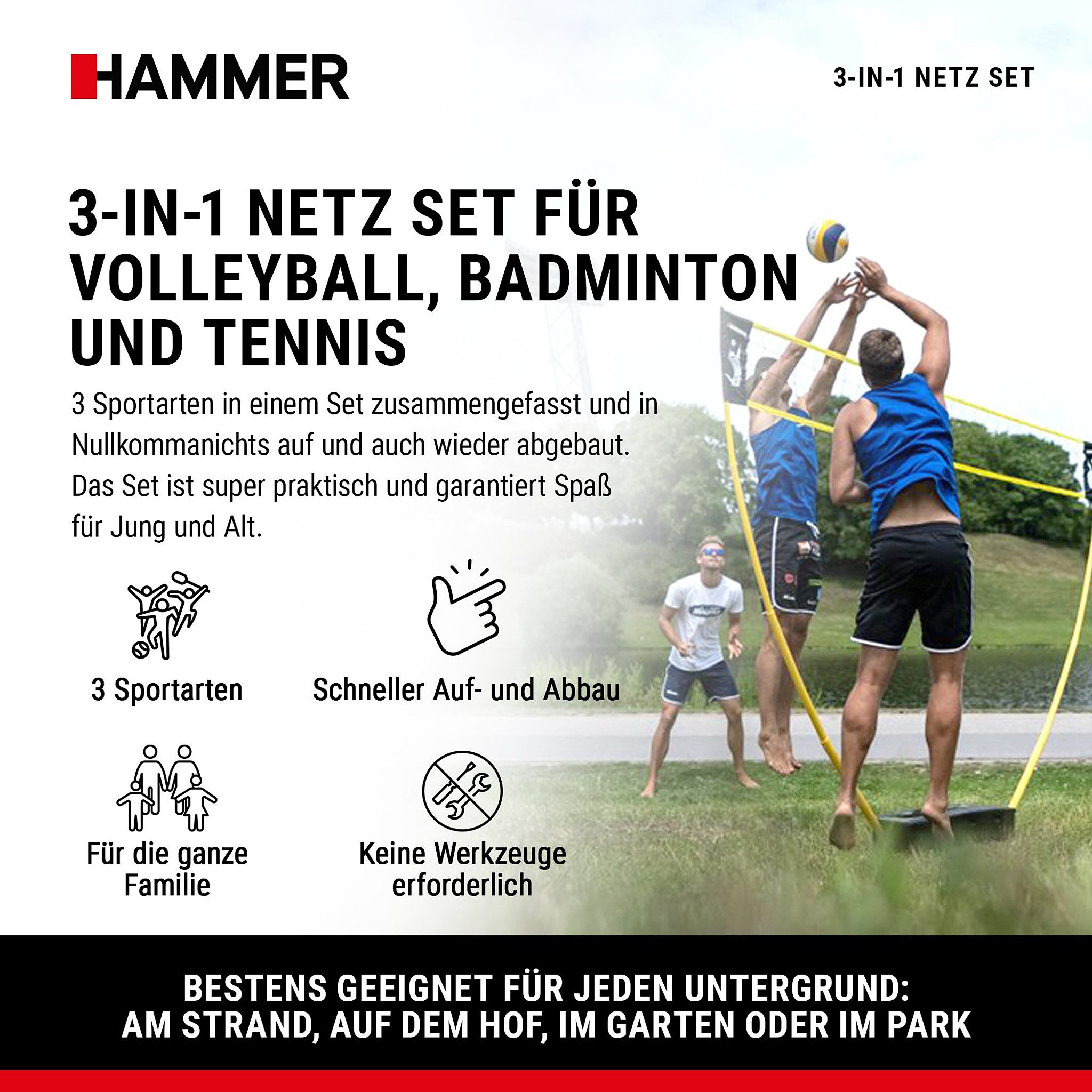 Hammer Volleyballnetz 3 in1 Netz-Set für Badminton, Tennis und Volleyball – Bild 2 von 5
