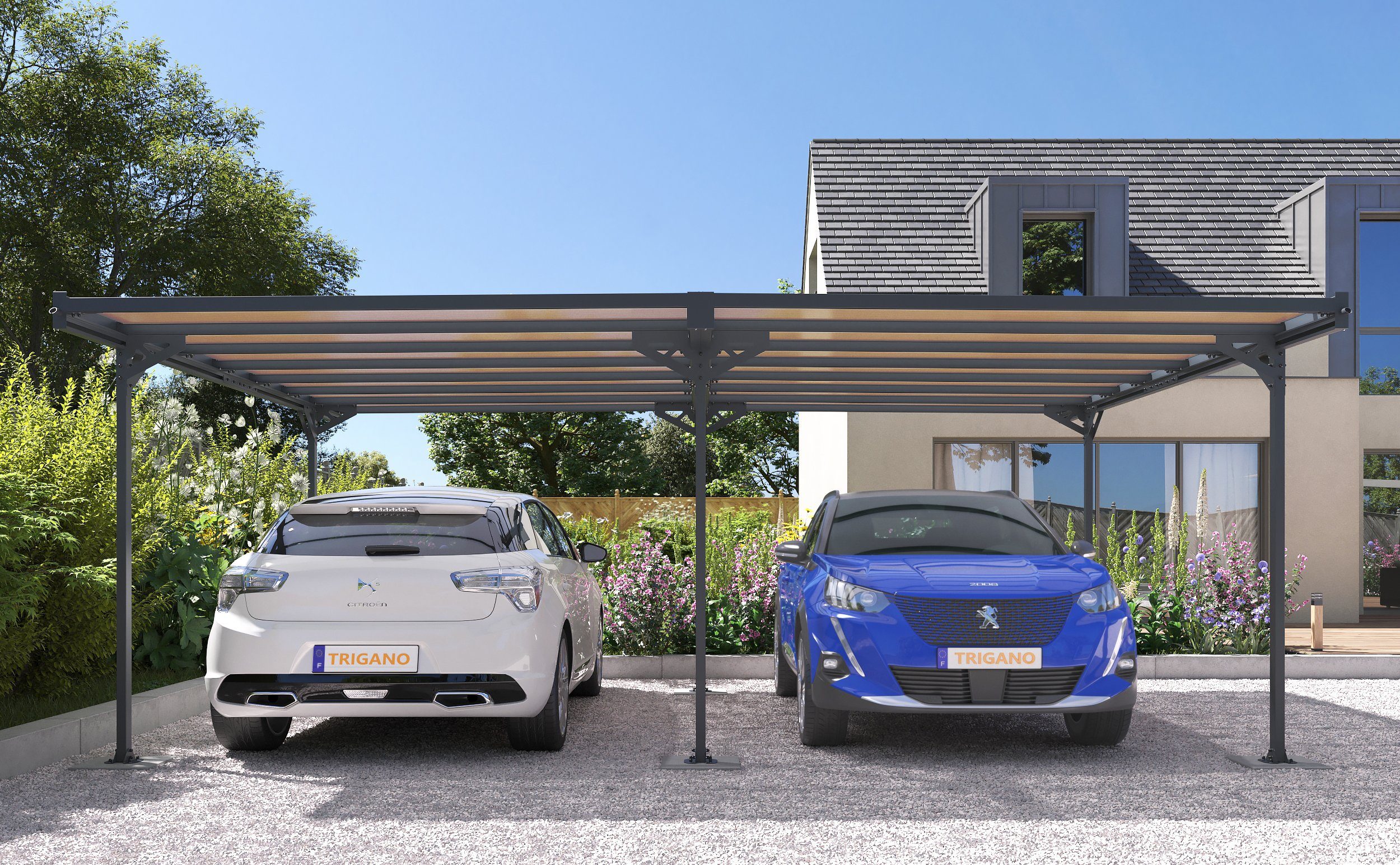 Willkommen in unserem Online-Shop! Trigano Einzelcarport Mistral mit Double 29.35m2, Dach getöntem 2,17 2 Einfahrtshöhe, Polycarbonat, geneigtes Einseitig aus Doppel-Carport Dachrinne cm