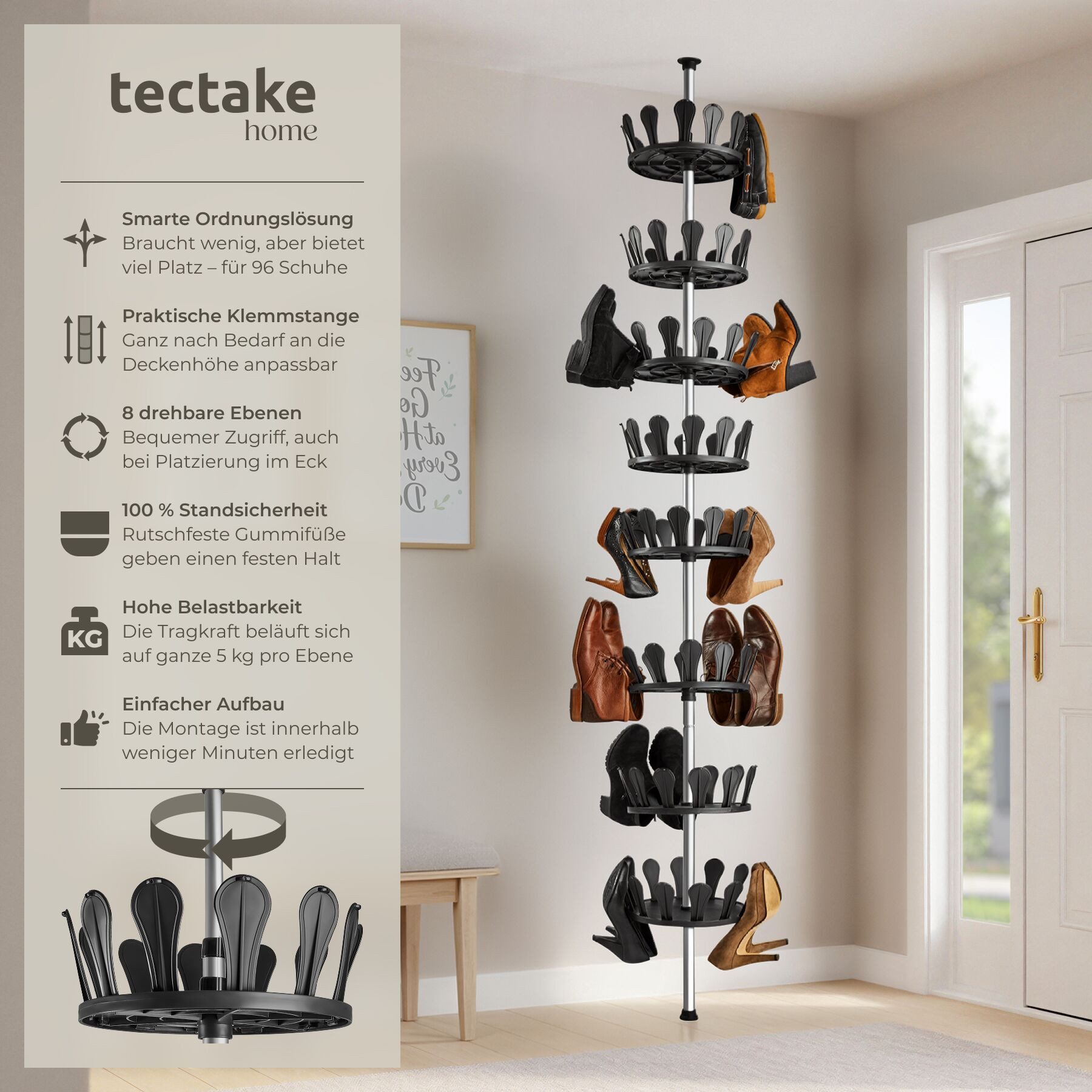 tectake Schuhregal Schuhaufbewahrung aus Kunststoff und Stahl, 26,5 x 100-300 cm, Schuhablage 1-tlg., 8 drehbare Ebenen für 96 Schuhe, variabler Aufbau im Stecksystem