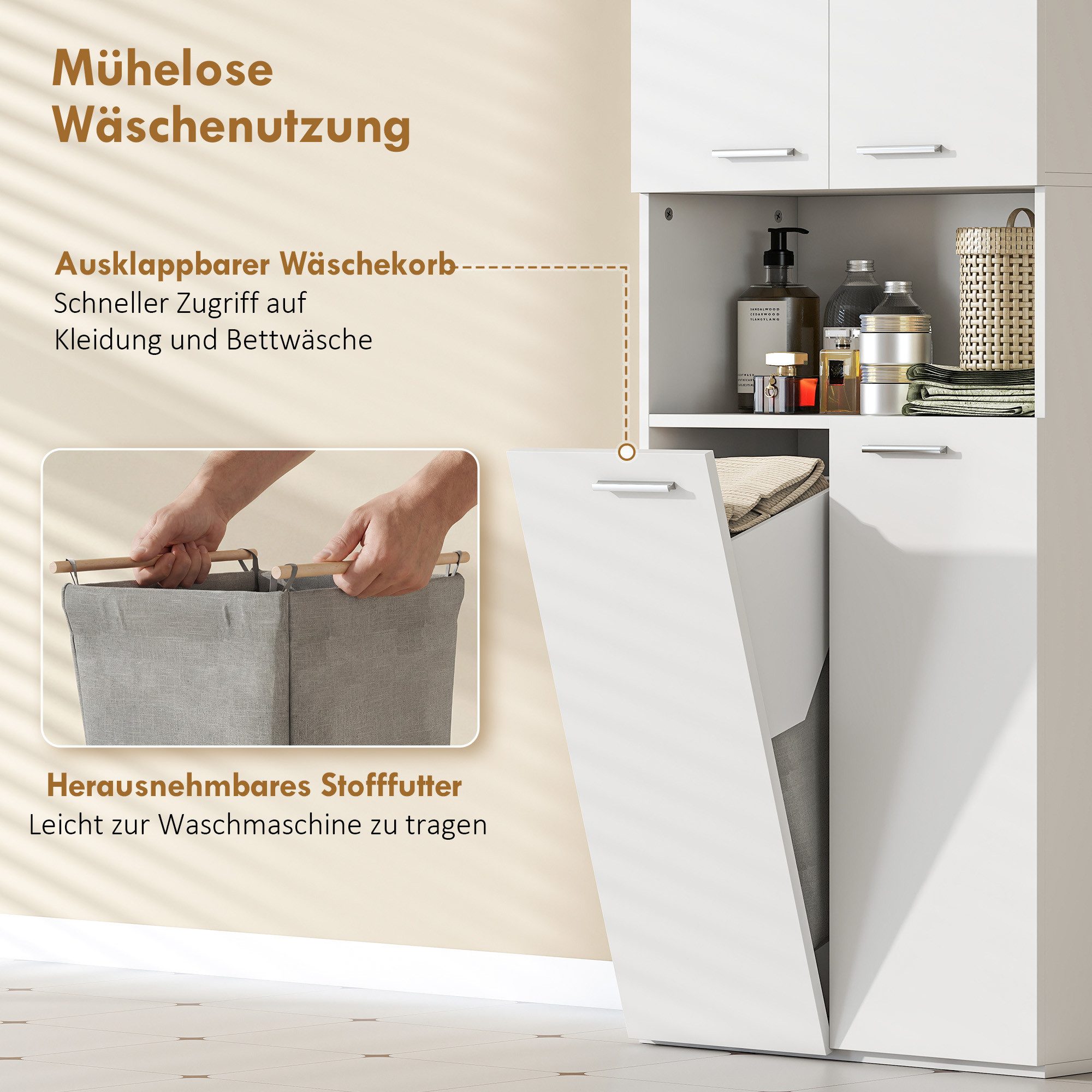 HOMCOM Badkommode Toilettenschrank mit Ausklappbarer Wäschekorb, offenes Fach (Badschrank, 1 St., Hochschrank), weißer Badezimmerschrank mit Soft-Close-Türen – Bild 5 von 5