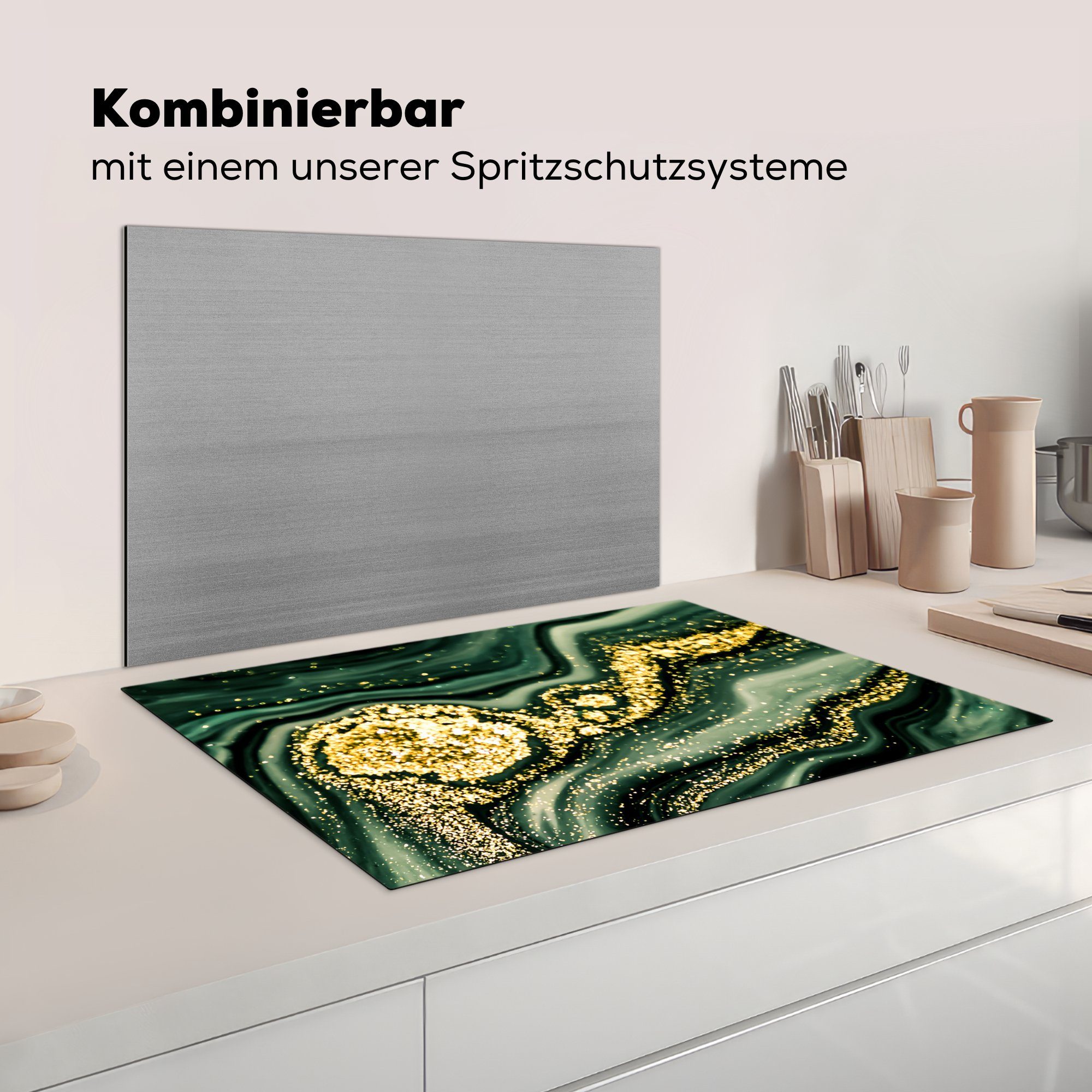 tlg), Ceranfeldabdeckung Vinyl, - Glitter Marmor MuchoWow 81x52 die für Luxus, Grün - Herdblende-/Abdeckplatte (1 - cm, küche, - Schutz Gold - Induktionskochfeld Marmoroptik