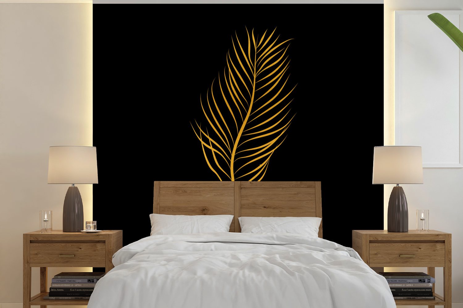 MuchoWow Fototapete Pflanze - Gold - Schwarz - Strichzeichnung, Matt, bedruckt, (5 St), Vinyl Tapete für Wohnzimmer oder Schlafzimmer, Wandtapete