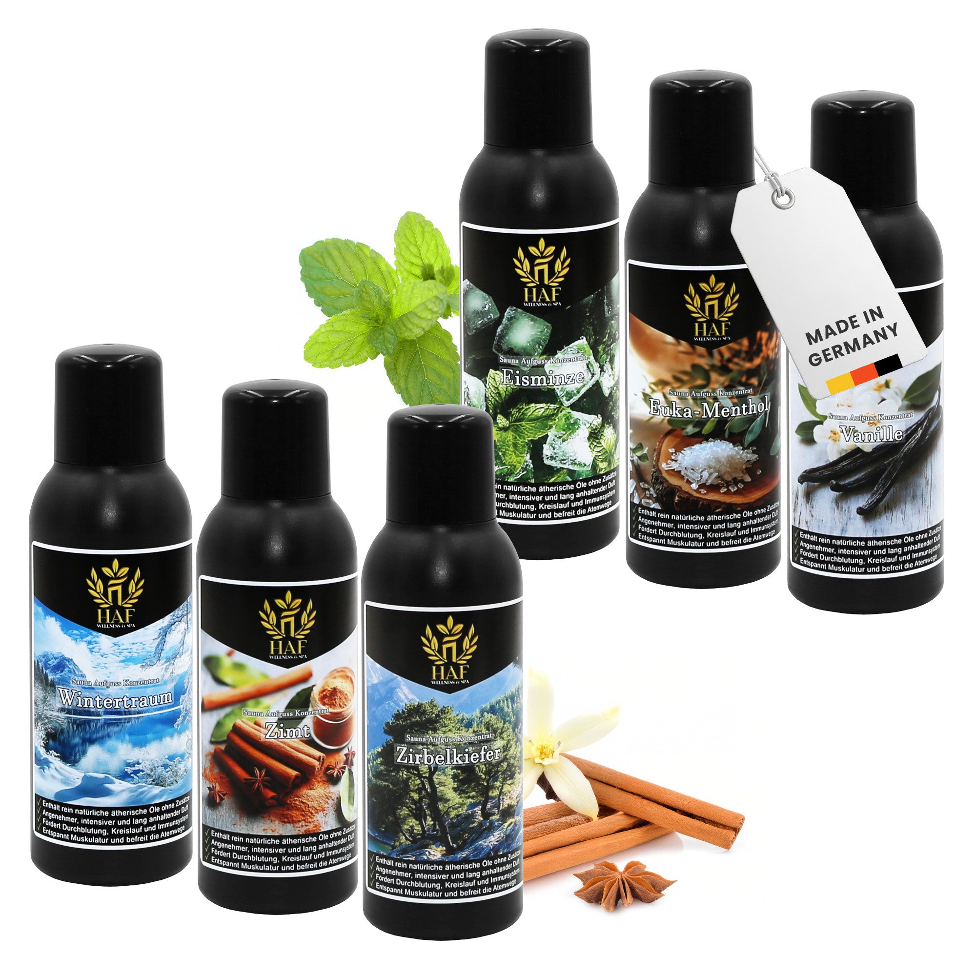 HAF Aufgusskonzentrat Sauna Aufguss Konzentrat 10 Sets in 4 Größen 400ml-1500ml Saunaaufguss, 1500 ml, (Auswahl aus 10 verschiedenen Sets in den Größen:, 4x100ml; 6x100ml; 4x250ml; 6x250ml), Qualität: Made in Germany