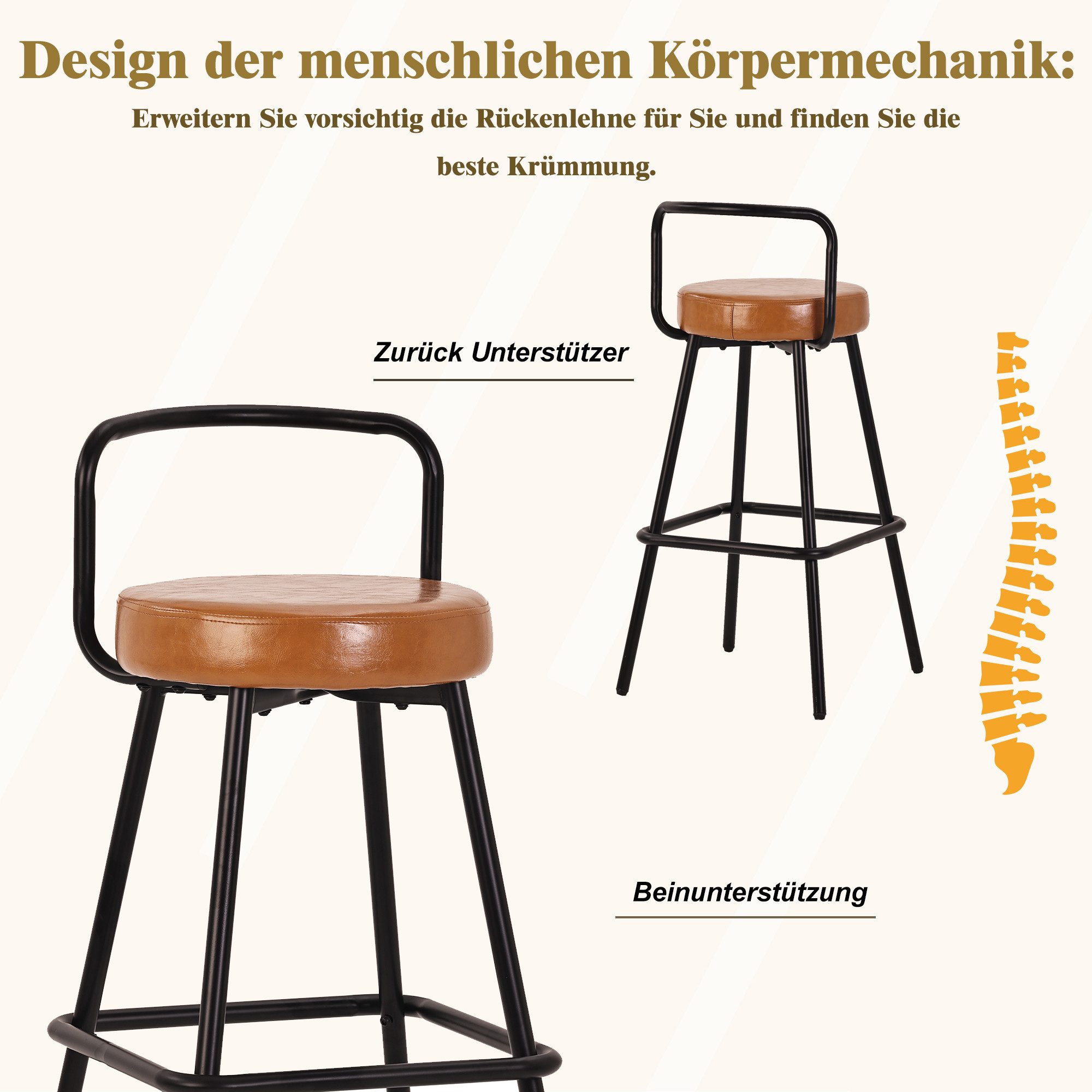 STILVORA Barhocker 2er Set mit ergonomischer Rückenlehne Barstuhl mit Fußstütze für Bar (Barstühle mit wasserabweisendem PU-Leder, Stabile Eisenbeine für sicheren Stand), Perfekt für Haushalte mit Kindern oder Haustieren
