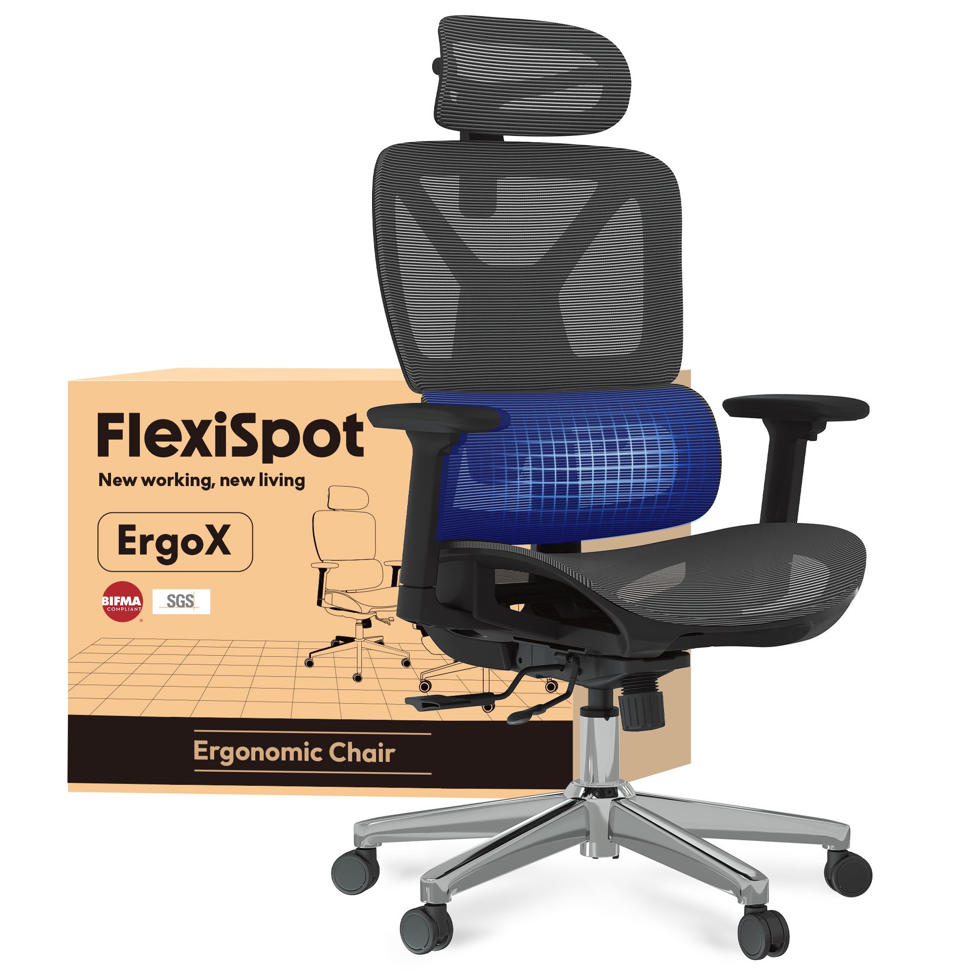 FLEXISPOT Bürostuhl ErgoX, Schreibtischstuhl Premium Ergonomischer (Rückenlehne verstellbar 90°-135°, 3D-Armlehnen, 3D-Kopfstütze, 5D-verstellbare Rückenlehne), Chef-Mesh-Bürostuhl, Computer-Bürostuhl, 130KG Tragkraft