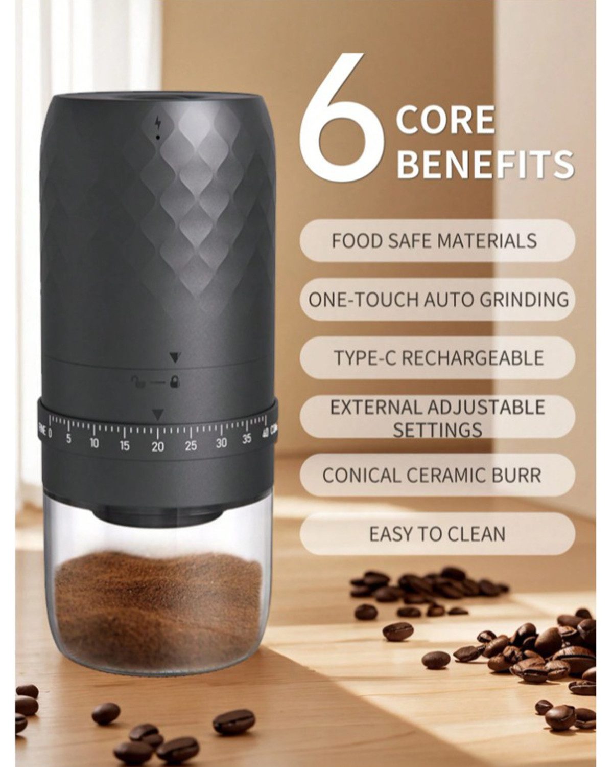 ibettertec Kaffeemühle Tragbare akkubetriebene Kaffeemühle Elektrisch35g Fassungsvermögen, 1800mAh wiederaufladbare Kaffeebohnenmühle mit konischem Keramikfräser