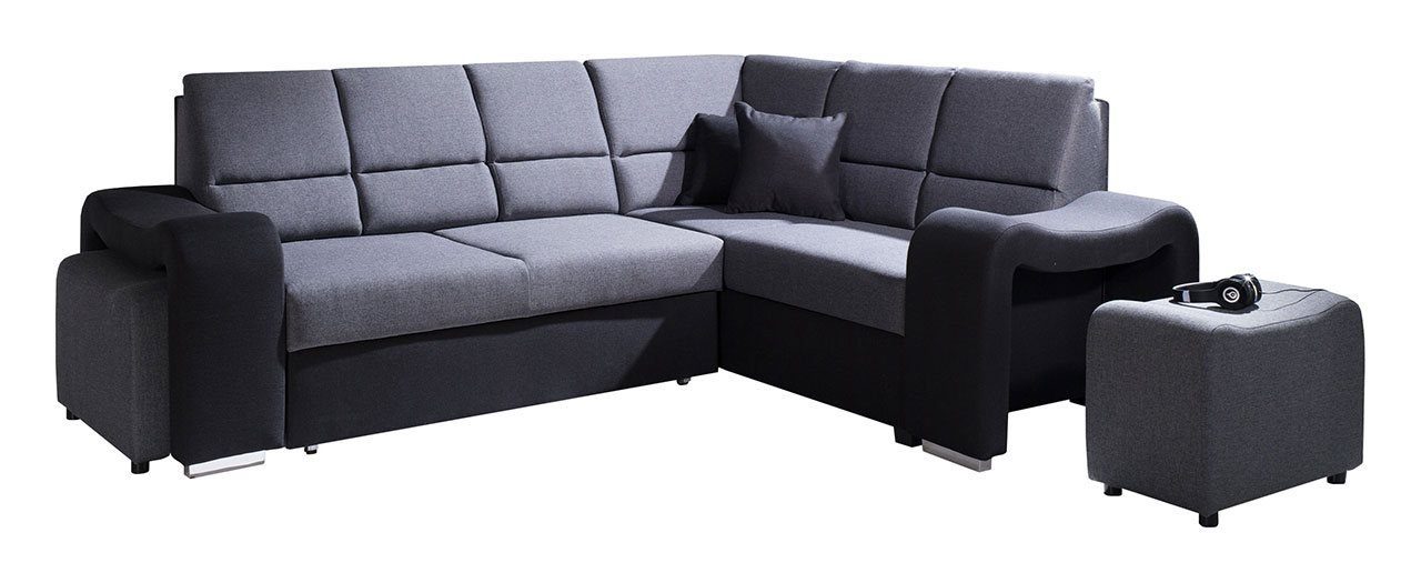 2 Grau AKIWA, MKS Couch mit MÖBEL Schwarz Schlaffunktion, und - Hocker L-Form Ecksofa Wohnlandschaft
