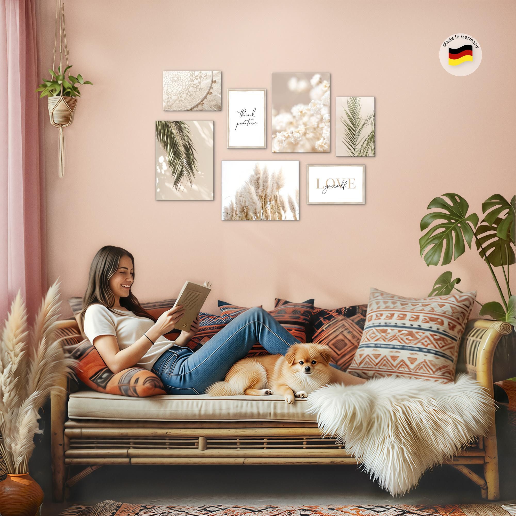 Novart Wandbild Wandbilder Wohnzimmer Boho Natur AUFHÄNGFERTIG 100x70 cm, Pampasgras 110x73 cm (7 St)