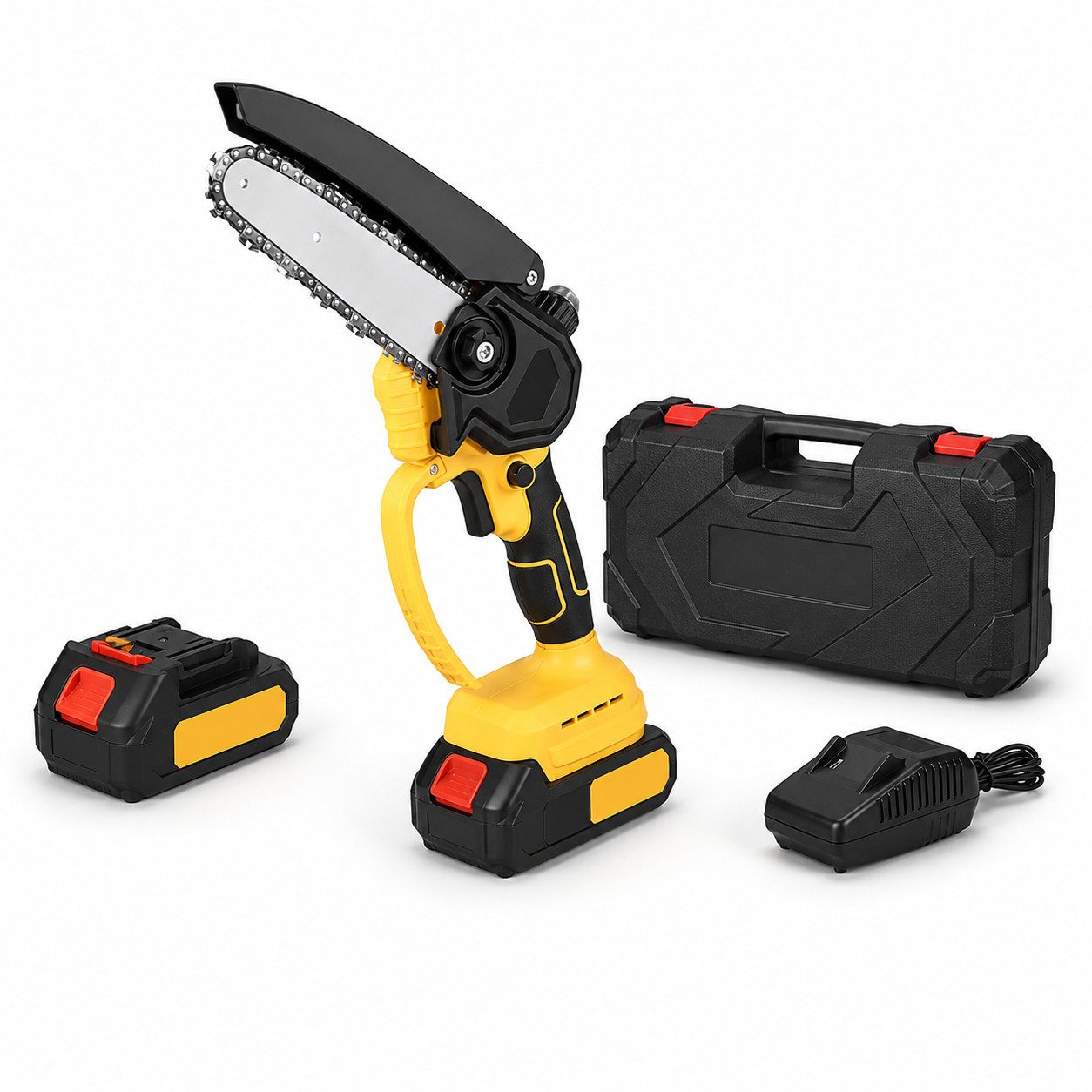 Lisabonde Akku-Kettensäge 6'' Mini Kettensäge, 700W Bürstenlose, Astsäge mit 2 Akkus & Koffer, 15 cm Schwertlänge, Set, Werkzeuglose Kettenspannung