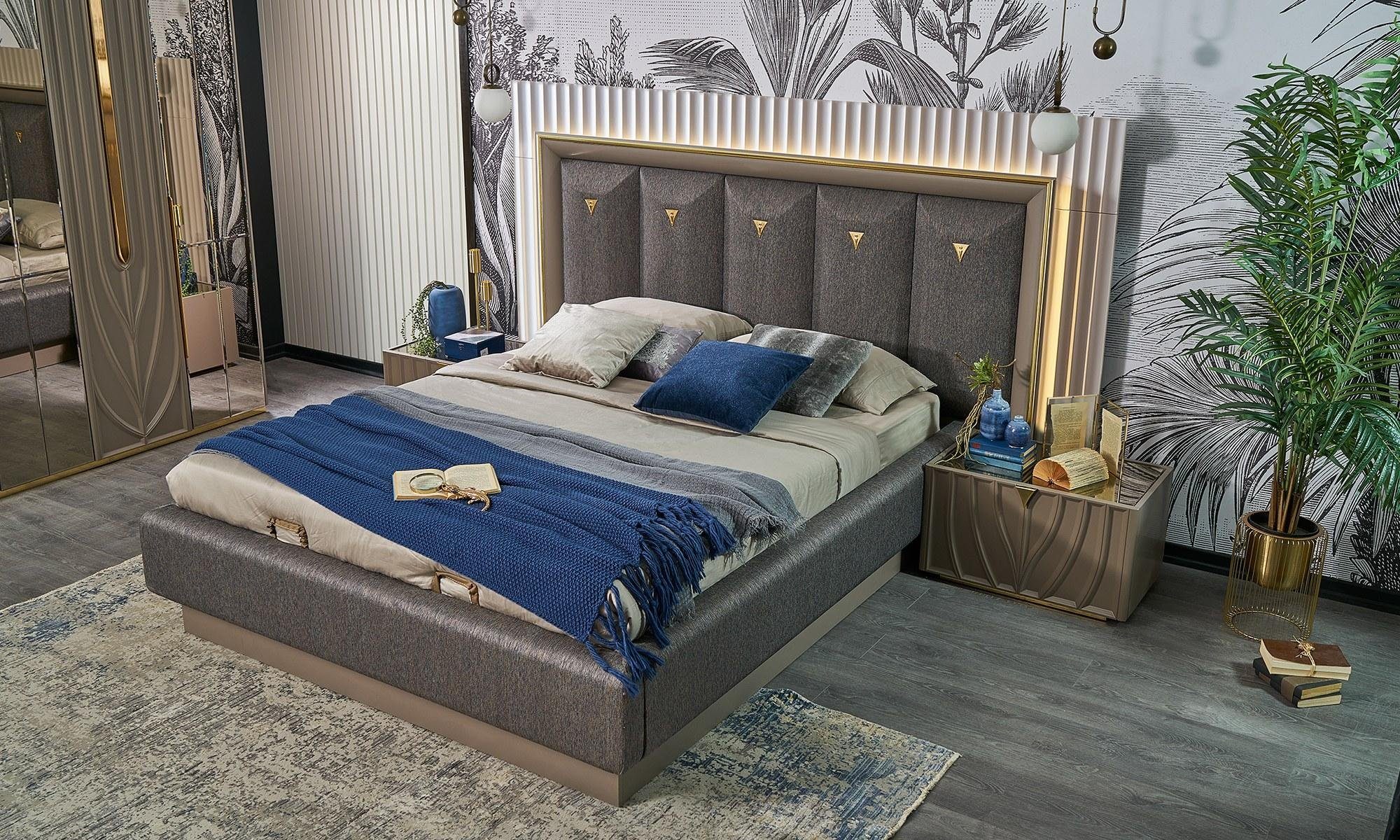JVmoebel Schlafzimmer-Set Doppelbett Komplette Schlafzimmer Bett Braun Set 3tlg Nachttische Holz, (3-St., Bett + 2x Nachttische), Made in Europa