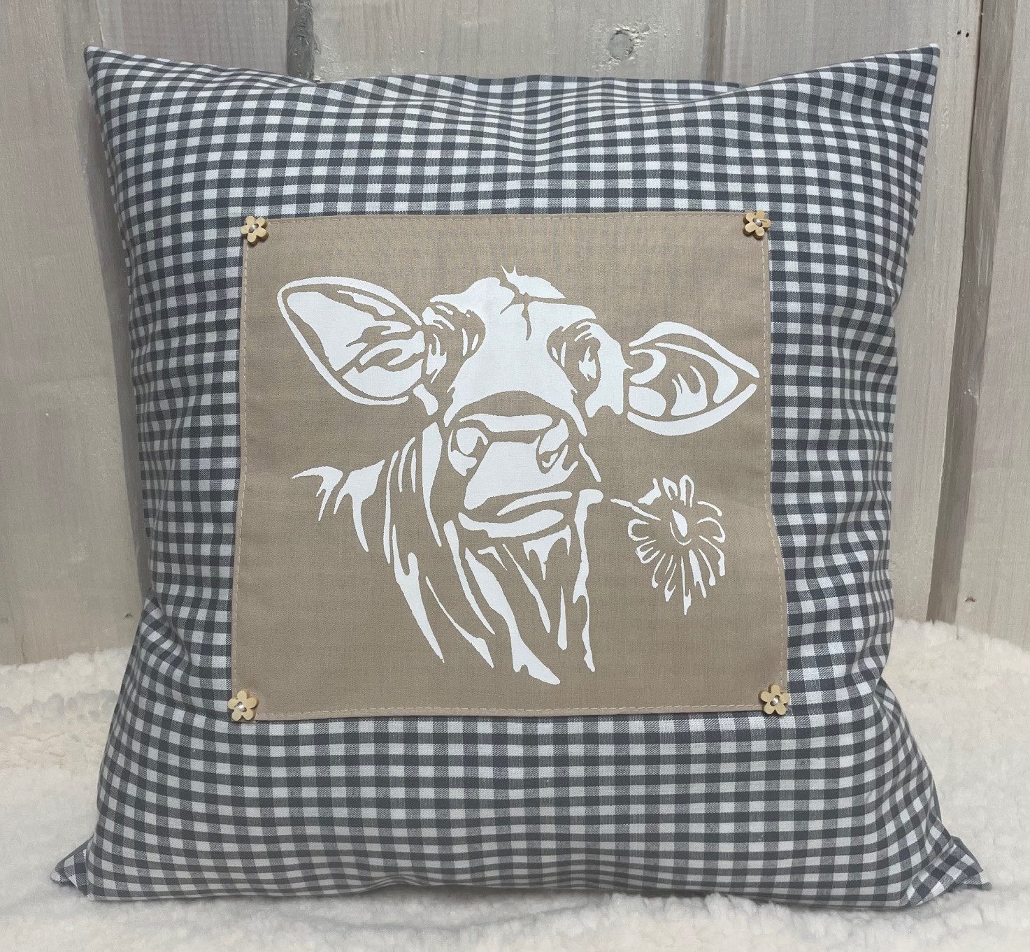 Ammerkind Dekokissen Landhausstil Kissenhülle *Kuh* grau/beige kariert, Kissenhülle ohne Füllung, 100% Handarbeit