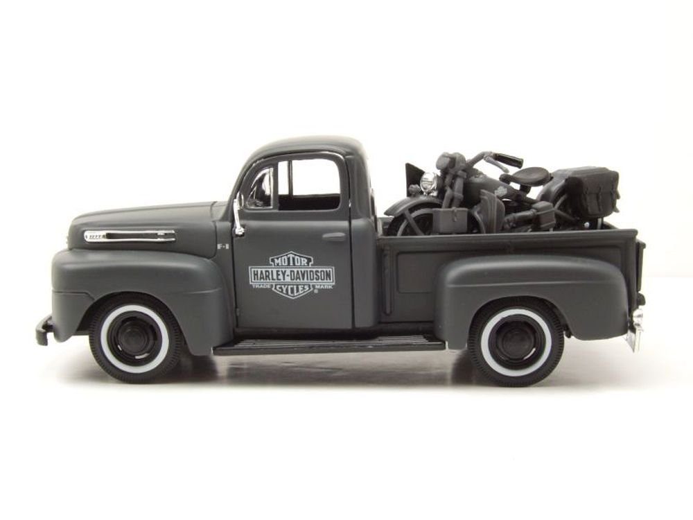 Maisto® Modellauto Ford F-1 US Army Pick Up 1948 grau + Harley Davidson WLA Flathead 1942, Maßstab 1:24