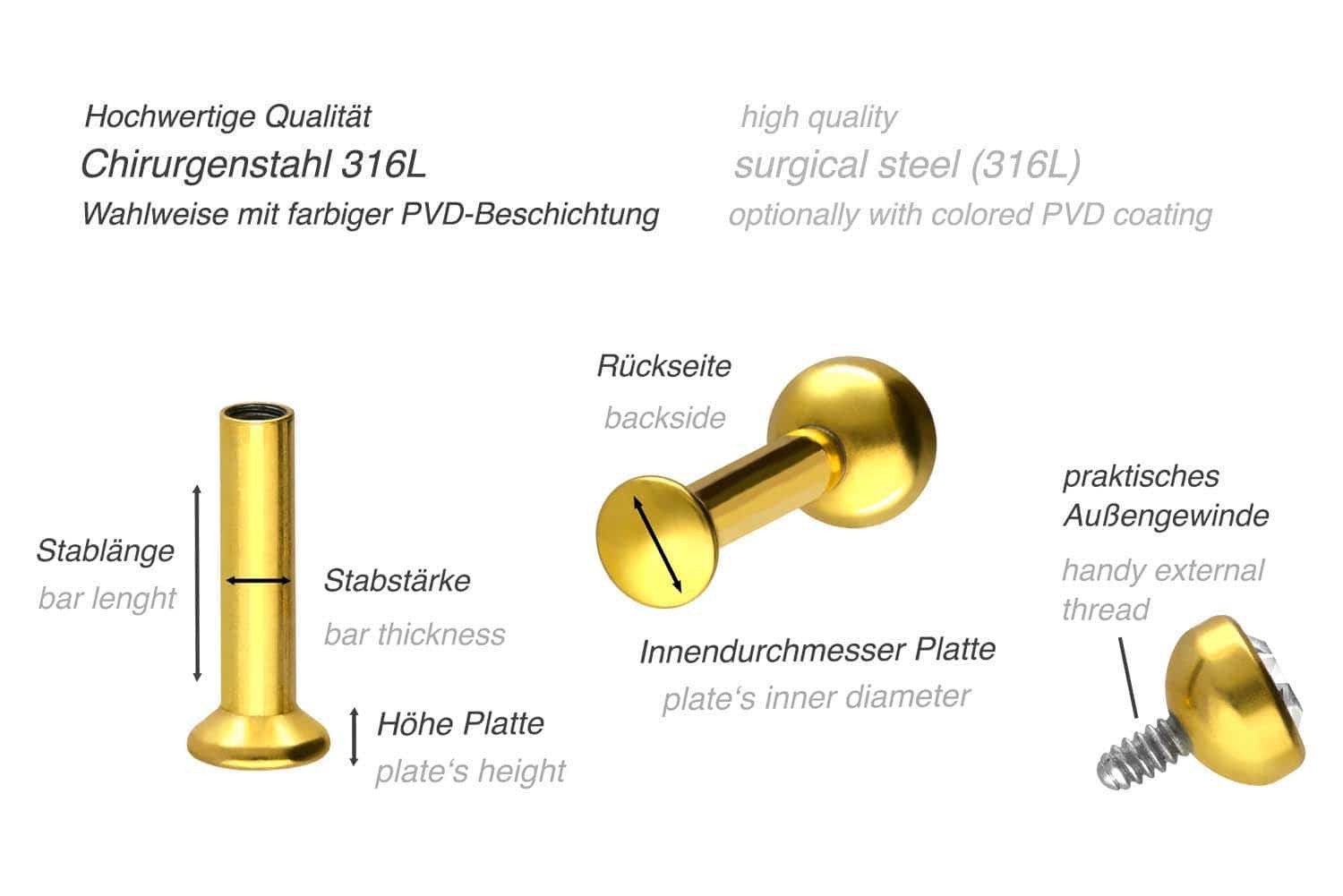 PIERCINGLINE Piercing-Set Chirurgenstahl Triple Piercing Mini Labret mit Innengewinde FLAT-DISC (Labrets, 1-tlg)