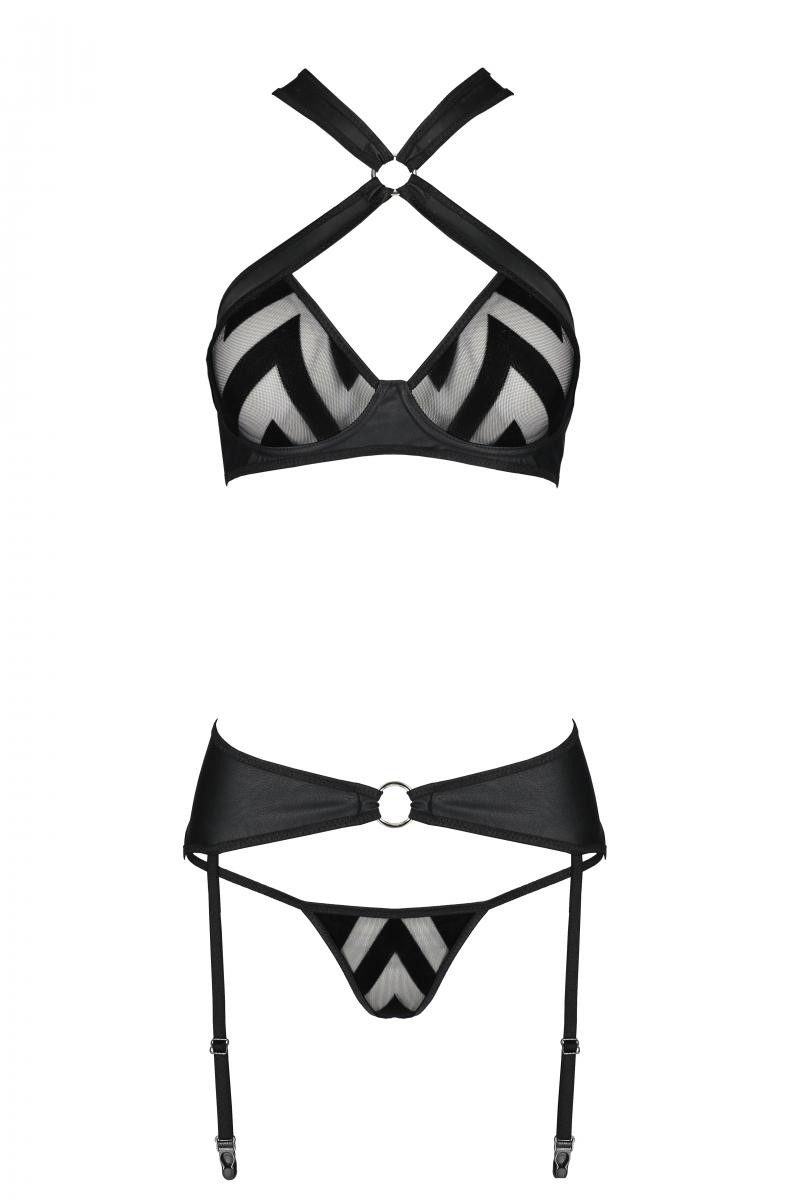 Passion Dessous Set: Dekolleté-BH Schwarzes 3-teilges Frauen Dessous Set Bügel BH, Strumpfhaltergürtel u