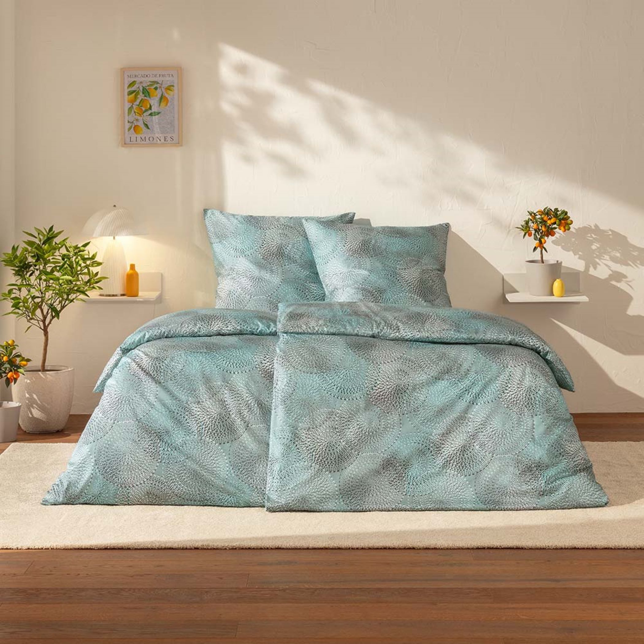 Estella Bettwäsche Estella Mako-Satin Bettwäsche 135x200 Orion eisblau Kreise Punkte, Mako-Satin, 2 teilig, für Sommer und Winter