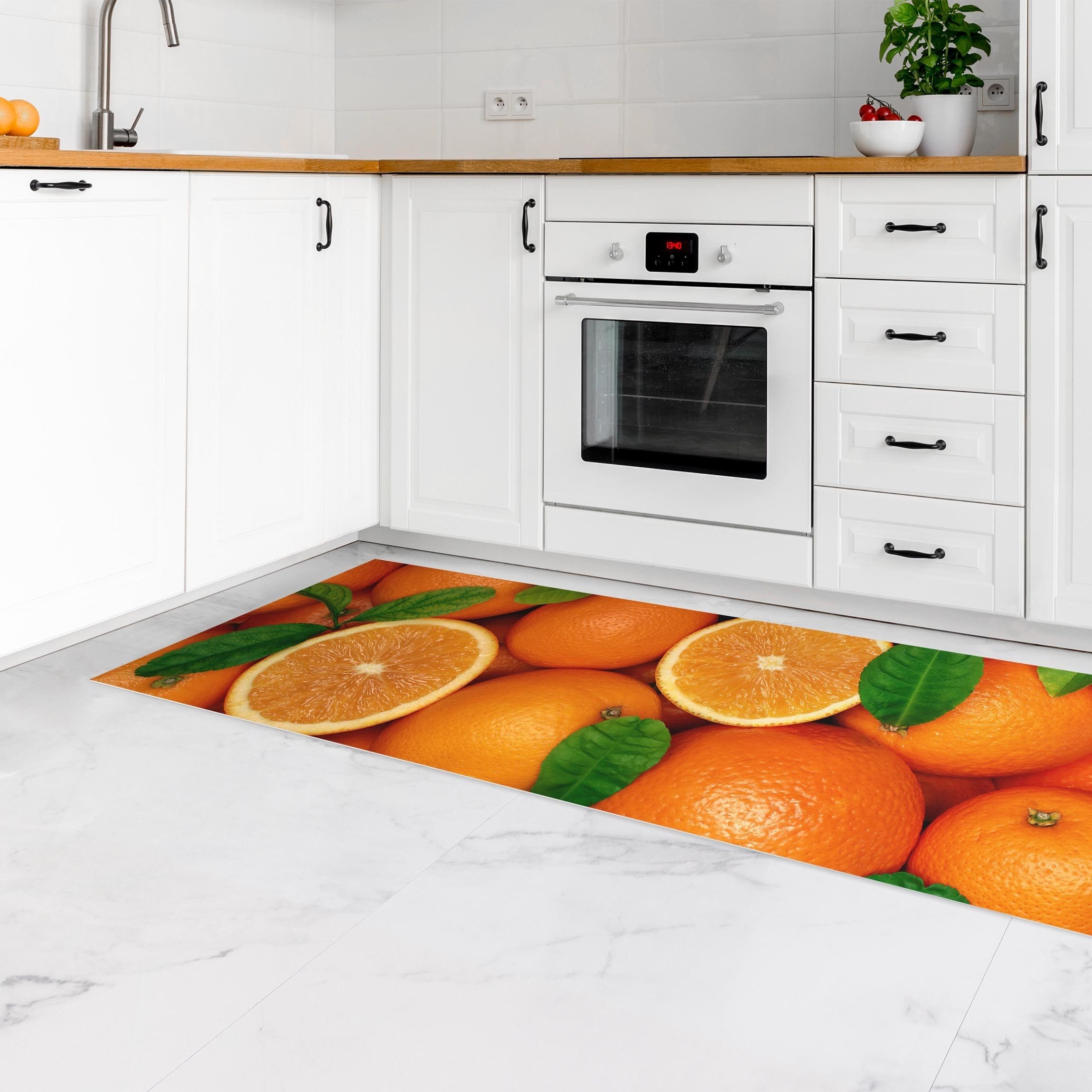 Bilderdepot24 Teppich Teppich Vinyl Küchenmatte Küche Orange lang modern funktional, Läufer - orange glatt, nass wischbar (Spritzer, Tierhaar) Saugroboter & Bodenheizung geeignet