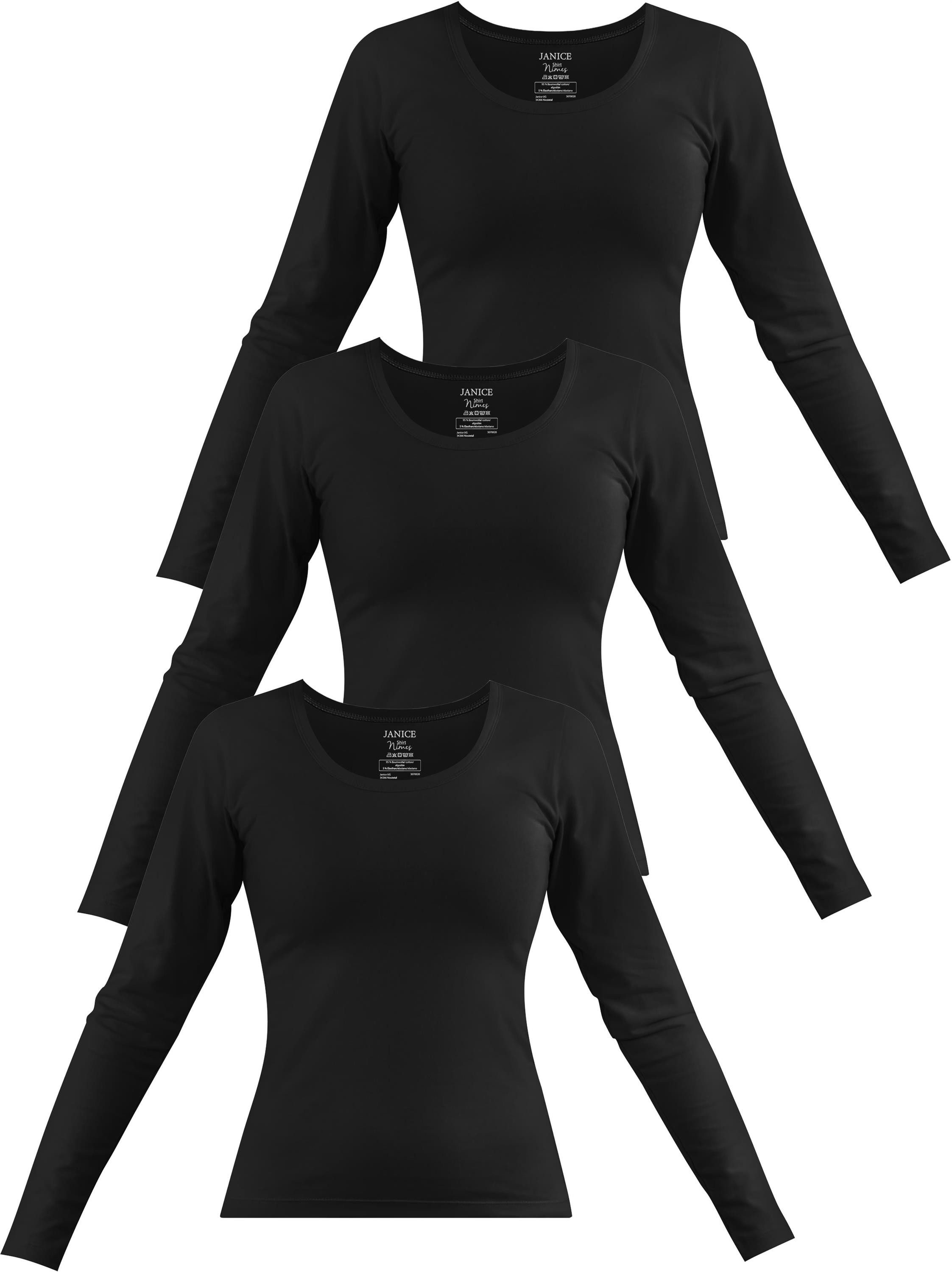 Janice Langarmshirt 3 x Damen Langarmshirt Nimes Figurbetonter Pullover aus Baumwolle