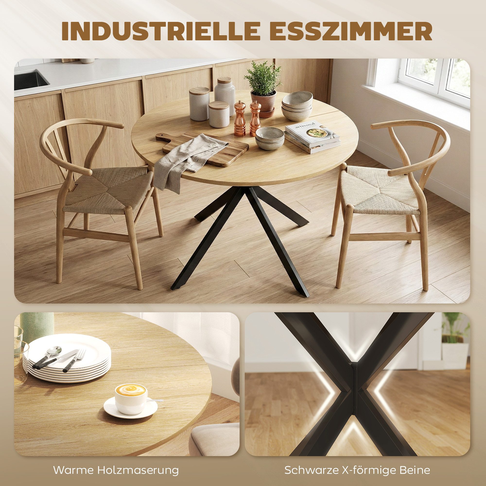 HOMCOM Esstisch Küchentisch im Industriestil mit Stahlbeinen für 4 Personen (für Esszimmer, Küche, Wohnzimmer, 1-St., rund, 100 x 100 x 75 cm), Eiche – Bild 4 von 5