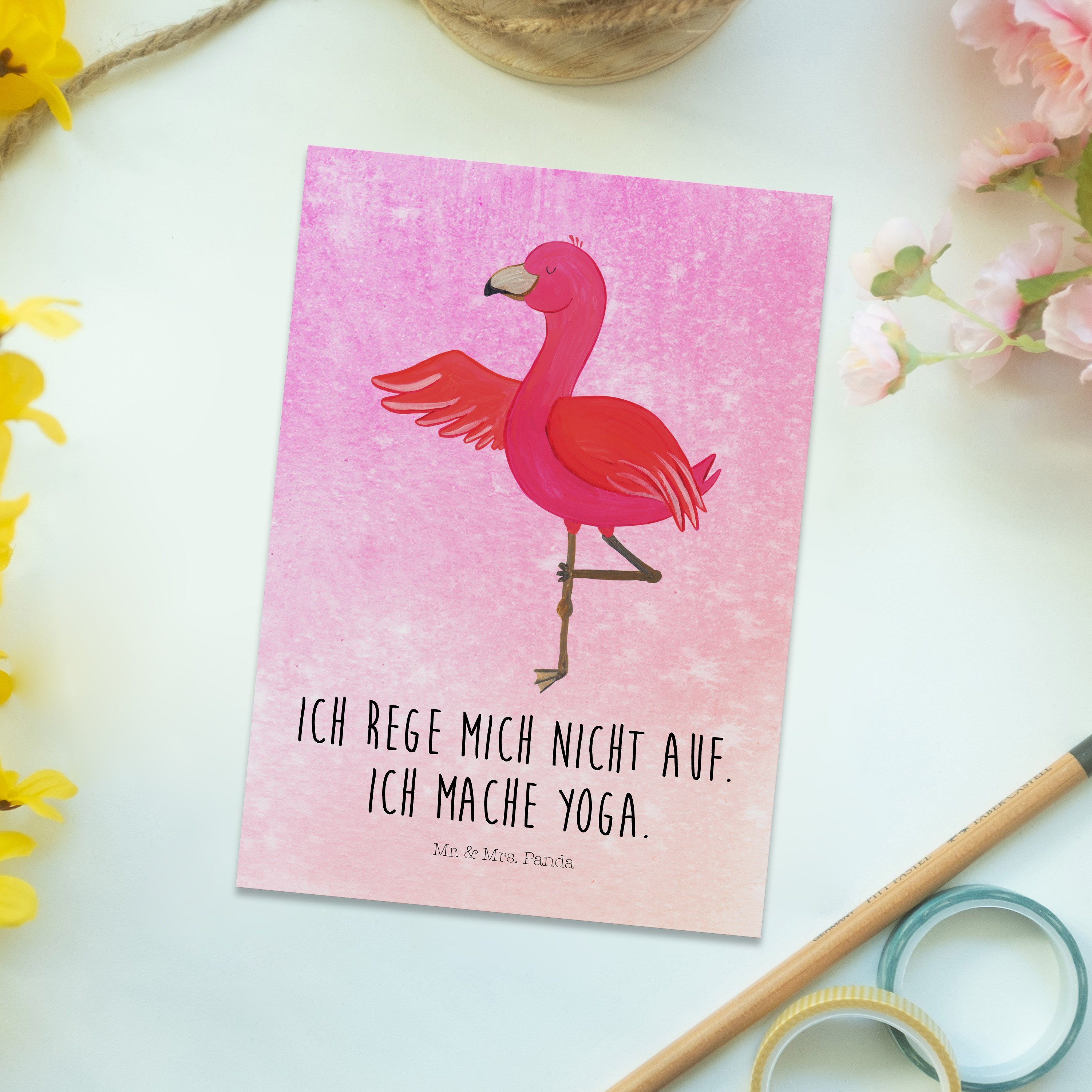 Mr. & Pink Panda - Flamingo - Postkarte Geschenkkarte, Geburtstagsk Geschenk, Yoga Aquarell Mrs