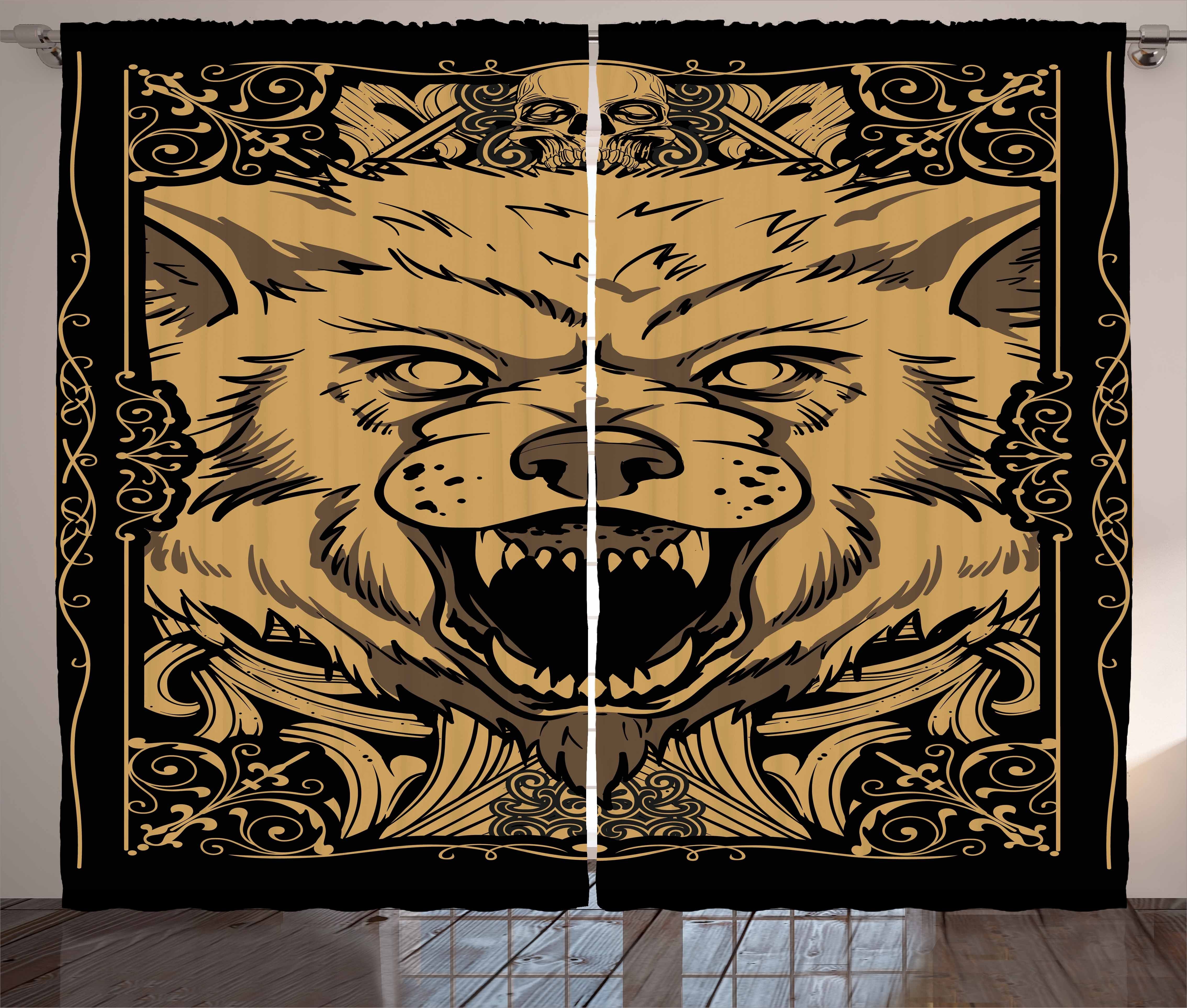 Gardine Schlafzimmer Kräuselband Vorhang mit Schlaufen und Haken, Abakuhaus, Wolf Karte Stil Wütend Animal