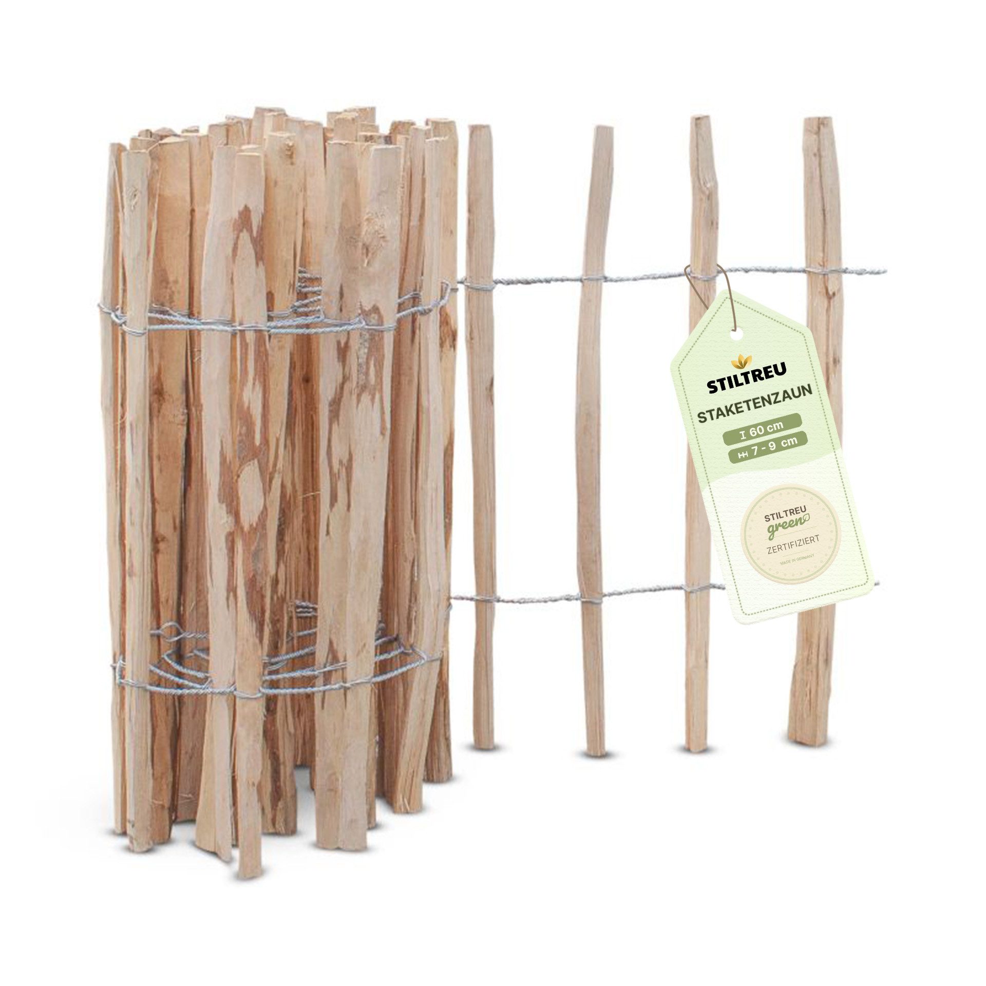 STILTREU Staketenzaun Staketenzaun Haselnuss - Höhe 60 cm, Länge 5 m, Lattenabstand 7-9 cm