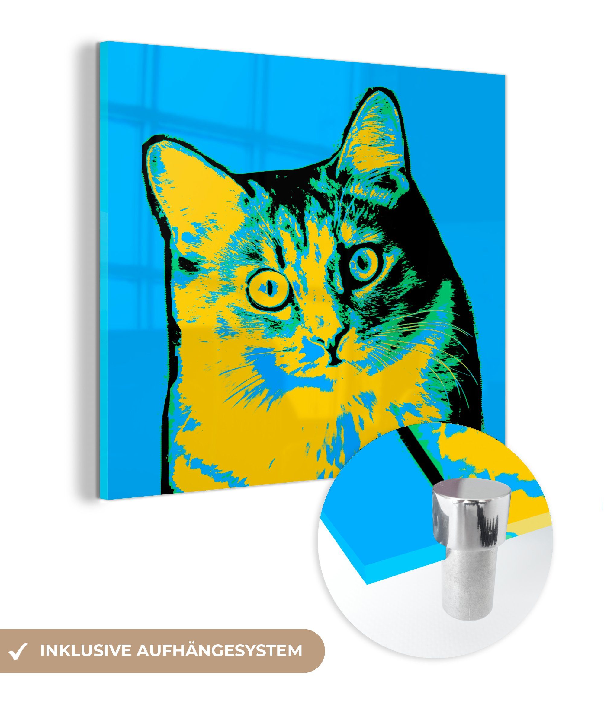 Wandbild Glas - auf Bilder Popart (1 Glas Acrylglasbild Glasbilder MuchoWow - auf - Foto St), Wanddekoration Katze,