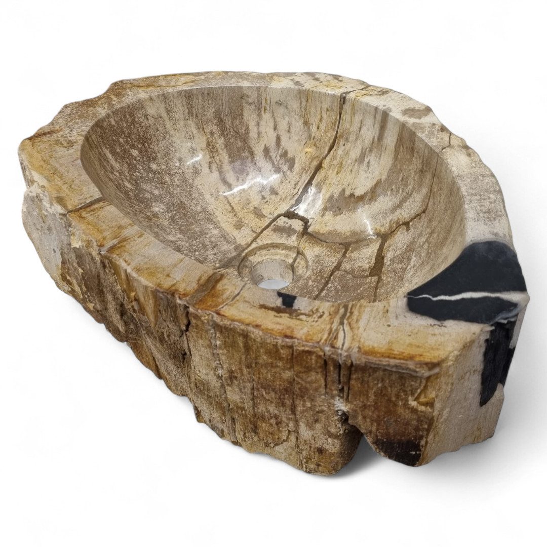 Kinaree Aufsatzwaschbecken Versteinertes Holz Waschbecken #42, poliert, schwarz, braun, Naturstein, Bruchstein Optik