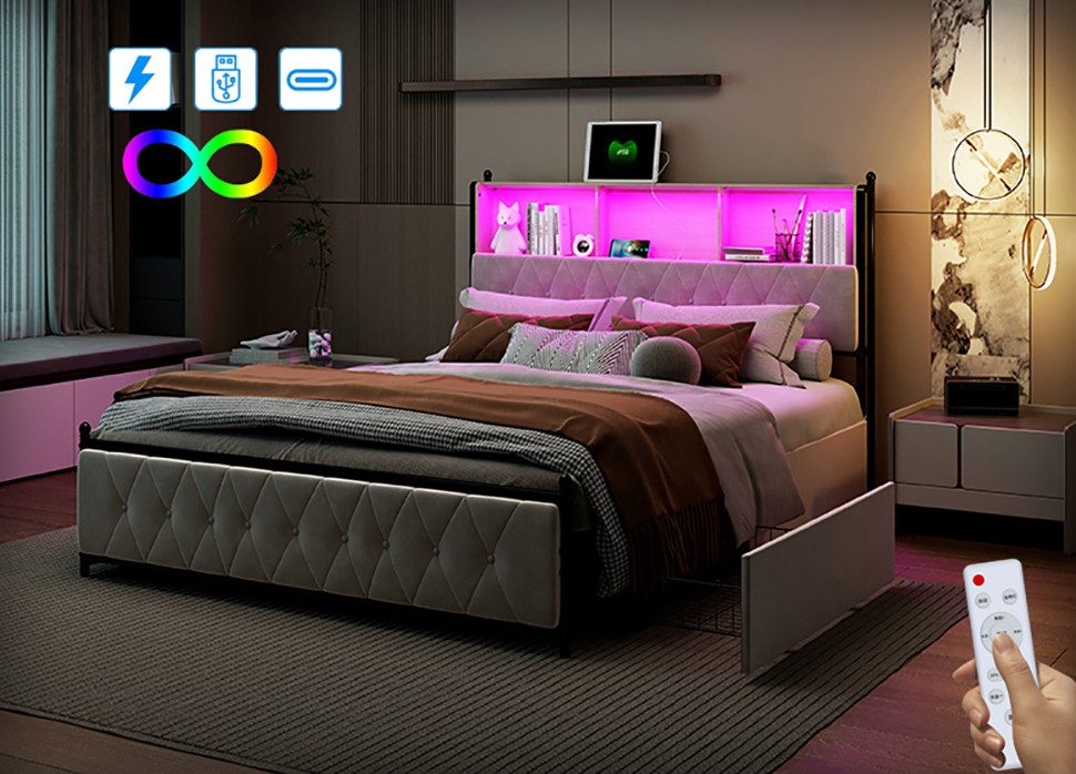 ADWOLT Polsterbett Doppelbett Stauraumbett Mit Kopfteil und Lattenrost, 180x200 cm,Mit LED-Licht und USB,Gepolstert,4 Schubladen,Samt