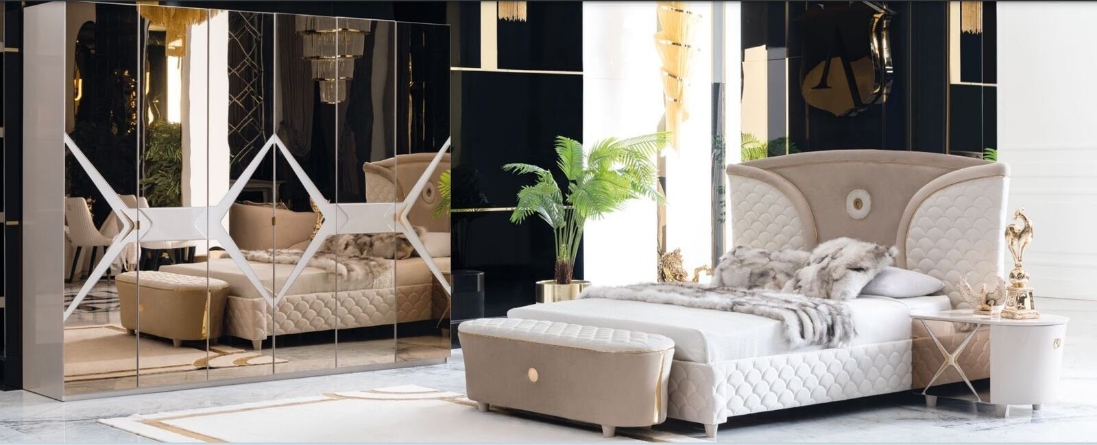 (5-St) 6tlg Luxus, Kleiderschrank JVmoebel Bett Schlafzimmer-Set Schlafzimmer Nachttisch Set Design