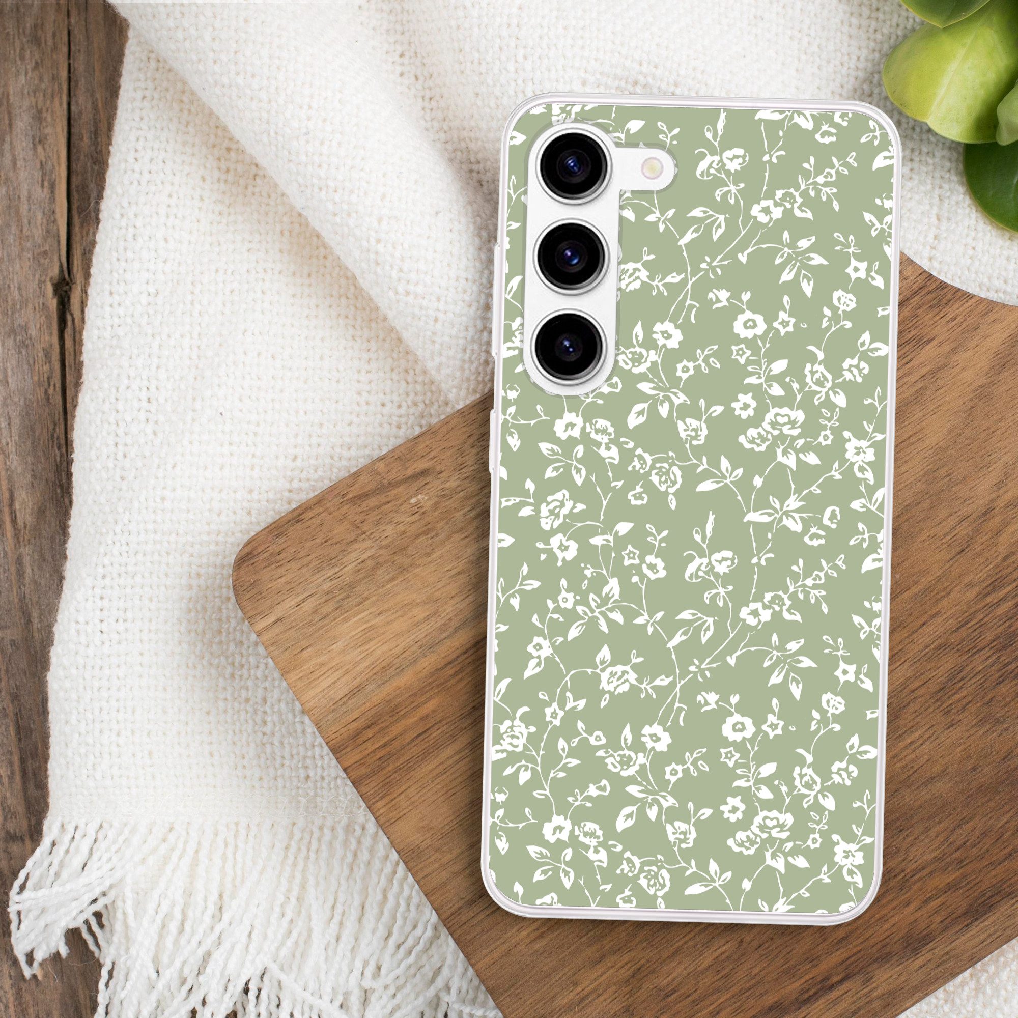 MuchoWow Handyhülle für Samsung Galaxy S23 Blumen - Druck - Grün - Weiß, Phone Case, Silikon, Schutzhülle Dünn
