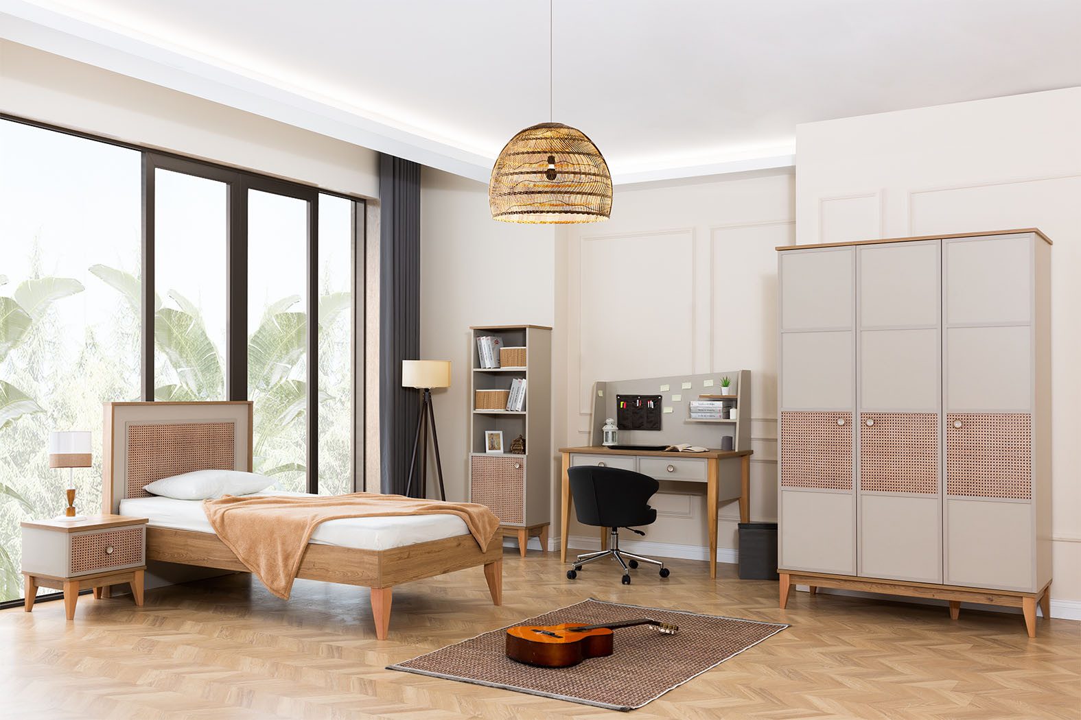 Jugendzimmer-Set Designerbett mit Kleiderschrank, Schreibtisch und Kommode aus Holz