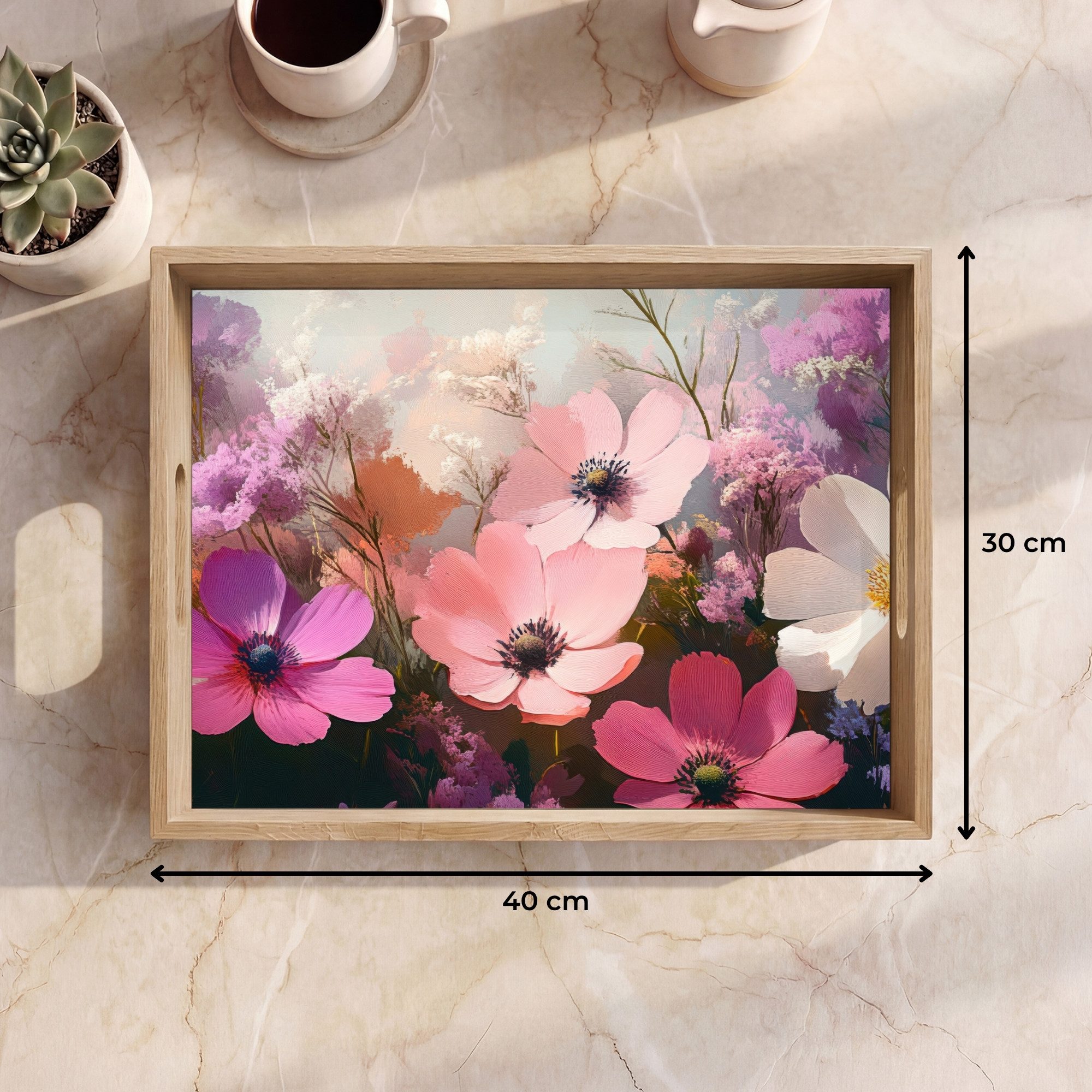 OnlyWow Tablett Rechteckig mit Henkel Blumen - Bunt - Blühend, Eichenholz, (1-tlg), Siervierplatte, Tray, Frühstücksbrett