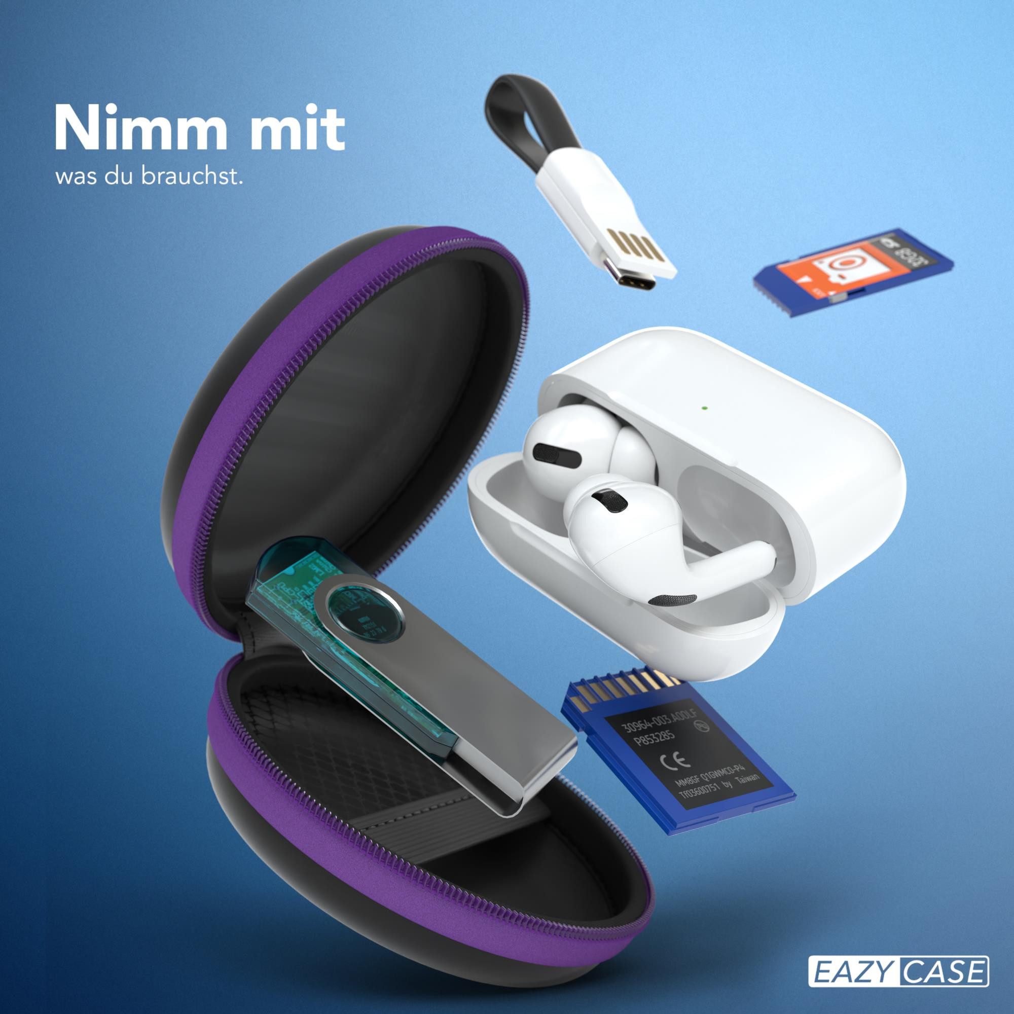 EAZY CASE Kopfhörer-Schutzhülle Universal Tasche für In-Ear Kopfhörer mit Netzfach, Box Kratzschutz Kopfhörer Reißverschluss und Netzfach klein rund Lila – Bild 2 von 5
